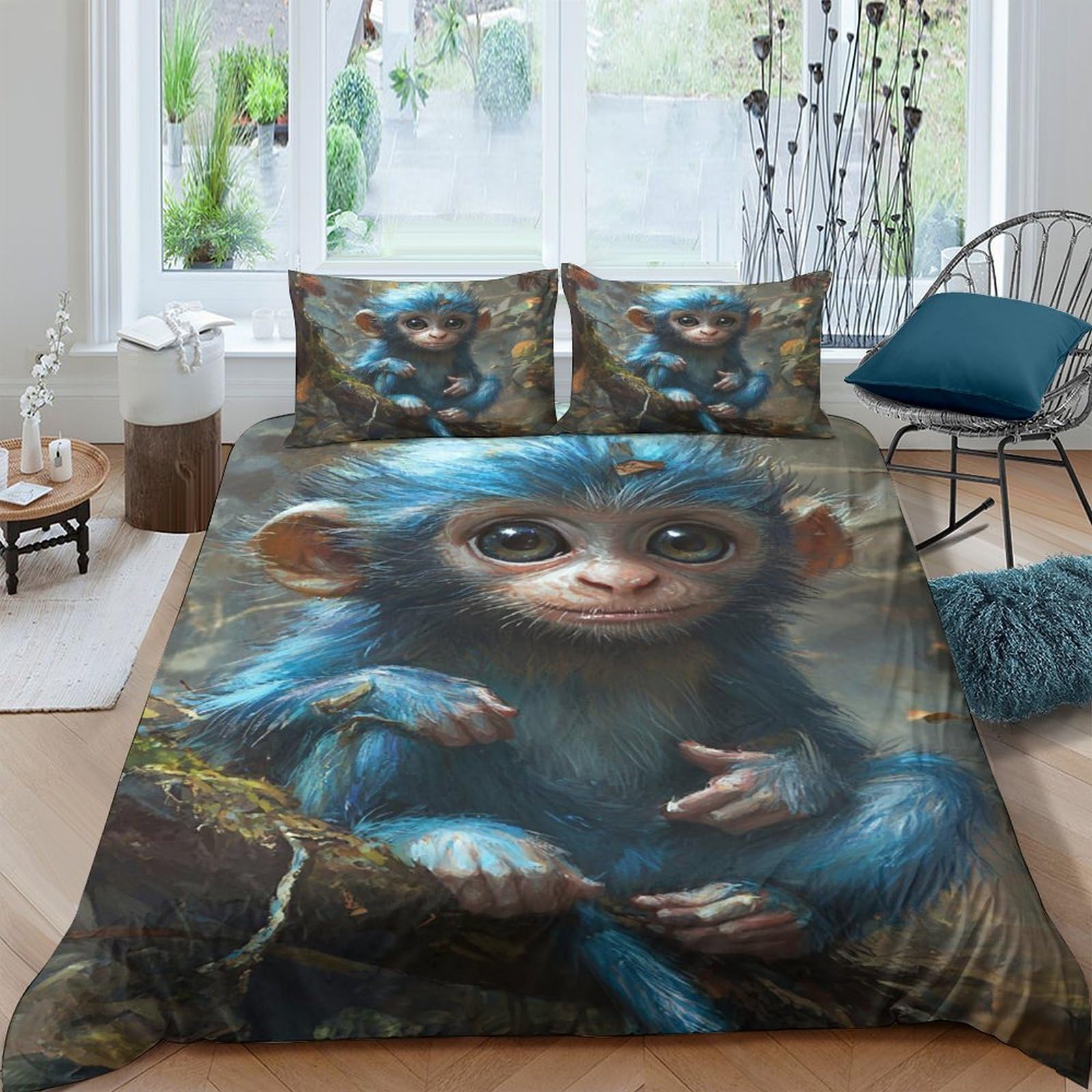 Ctjqhvkz Style-5 3D Printed Blue Monkey Fitted Sheet Microfiber Anti-Slip Forest Bed Cover For Bedroom Dorm Mattress Protection Decor Single（135X200cm）
