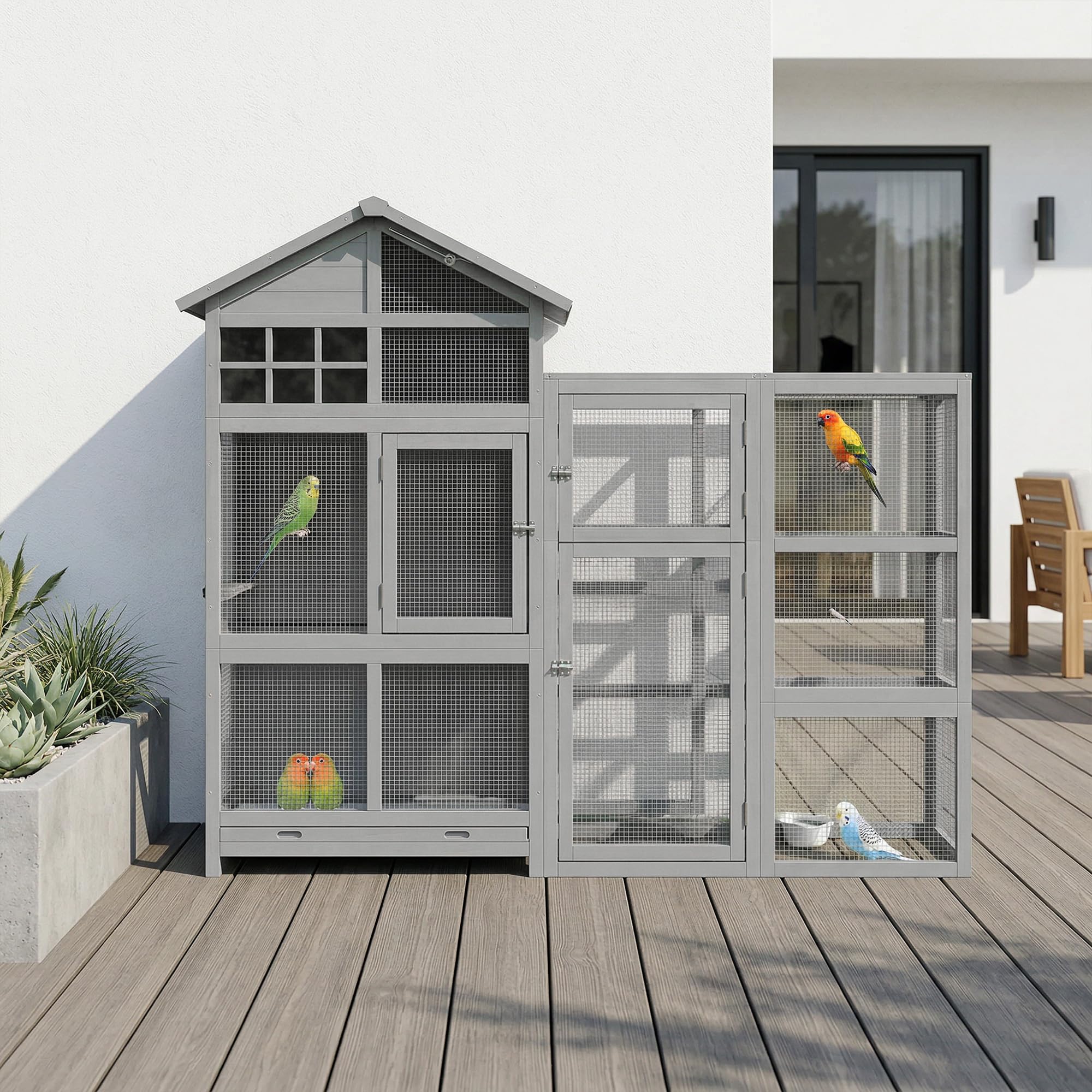 PawHut Pajarera de madera con ampliación, 6 perchas, 7 puertas, compartimento de almacenamiento, jaula para pájaros con cajón extraíble, cuencos de acero inoxidable, para pinzones, periquitos, gris