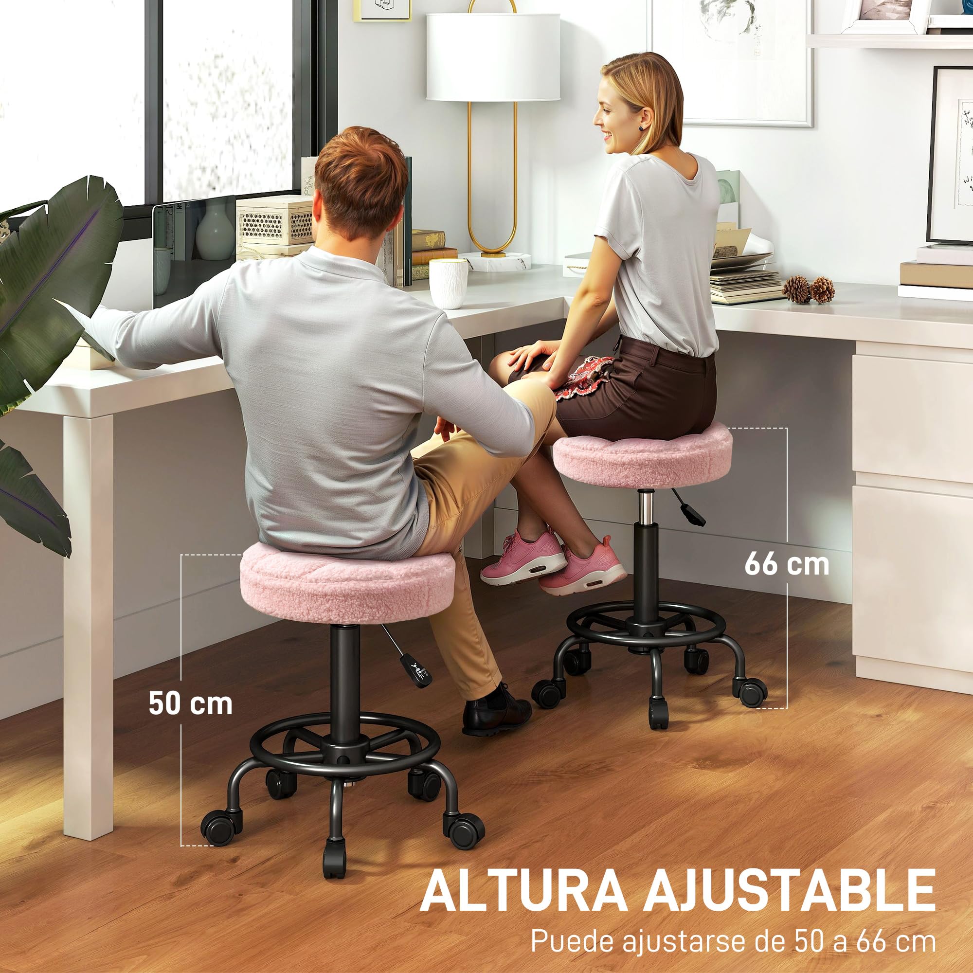 HOMCOM Taburete Giratorio Redondo Taburete con Ruedas Altura Regulable 50-66 cm Asiento Tapizado en Tejido de Borreguito para Salones Talleres SPA Masaje Rosa