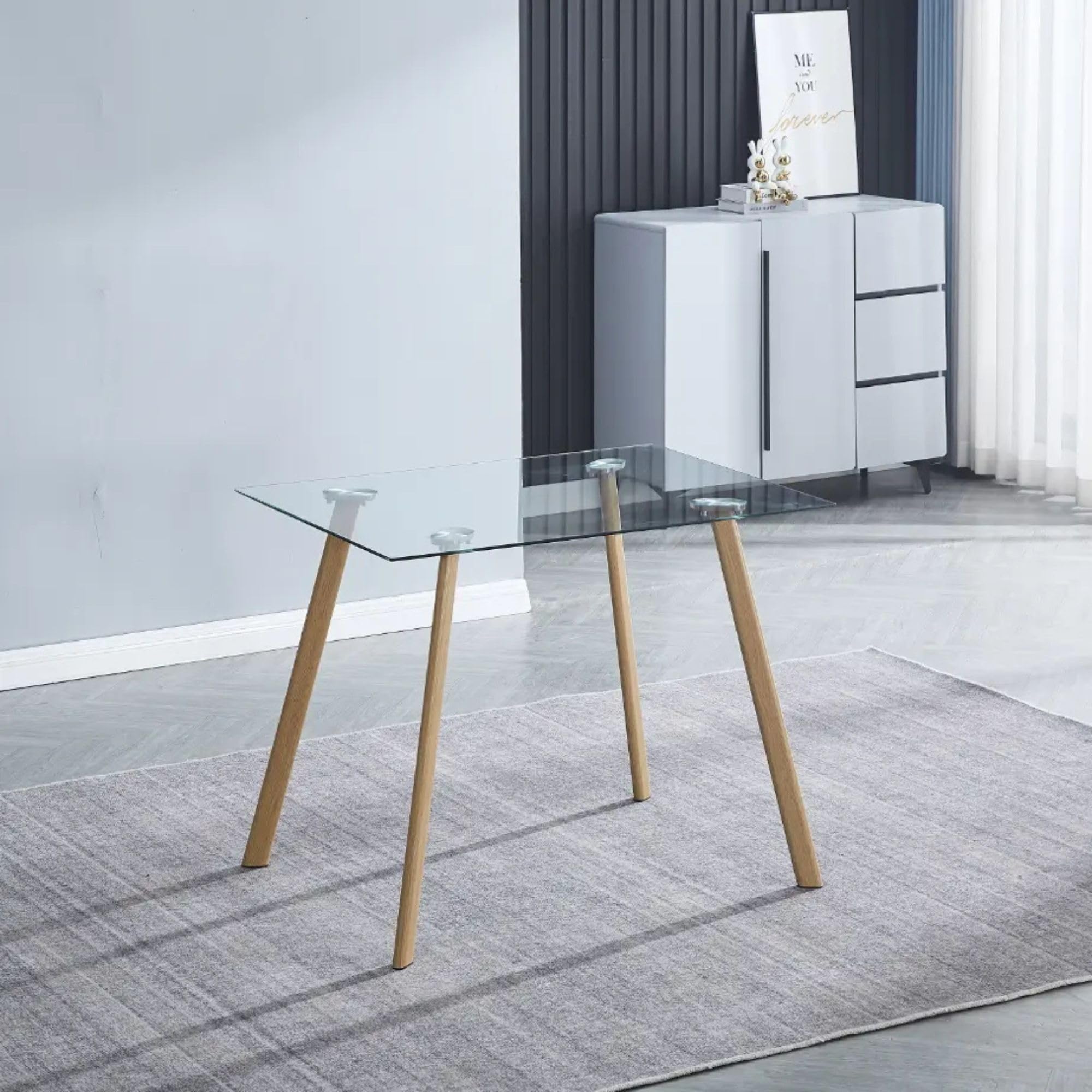 Mesa de Cocina Fija con Tapa de Cristal Templado Transparente y Patas Color Madera – Diseño Moderno y Funcional.