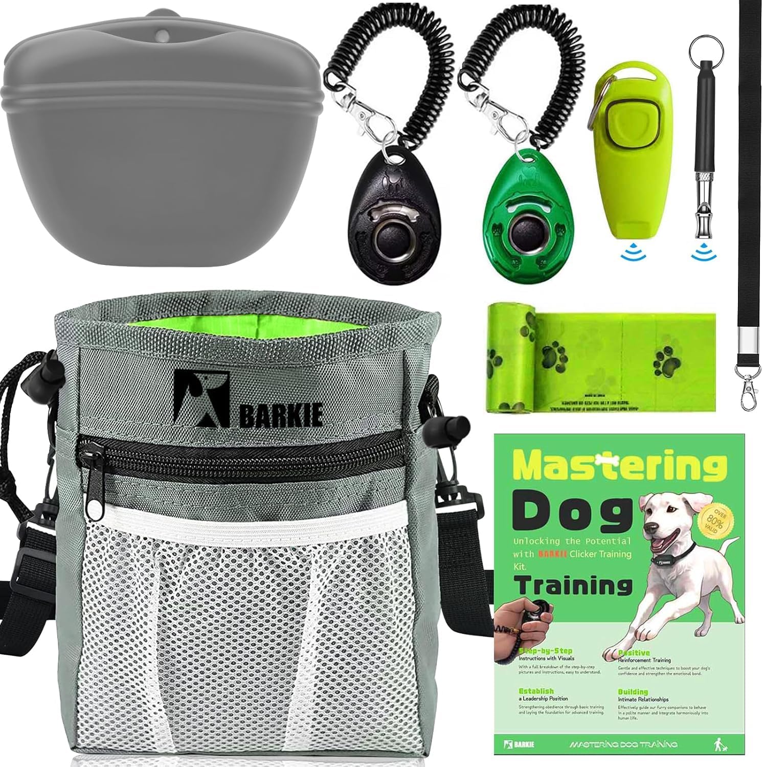 BARKIE Dog Training Kit – Treat Pouch, Pet Training Fanny Pack, 2 Puppy Training Clickers, Ultrasonic Silent Whistle, 2-in-1 Whistle Clicker, Clicker Training Guide Booklet, Dog Poop Bag (Grey)