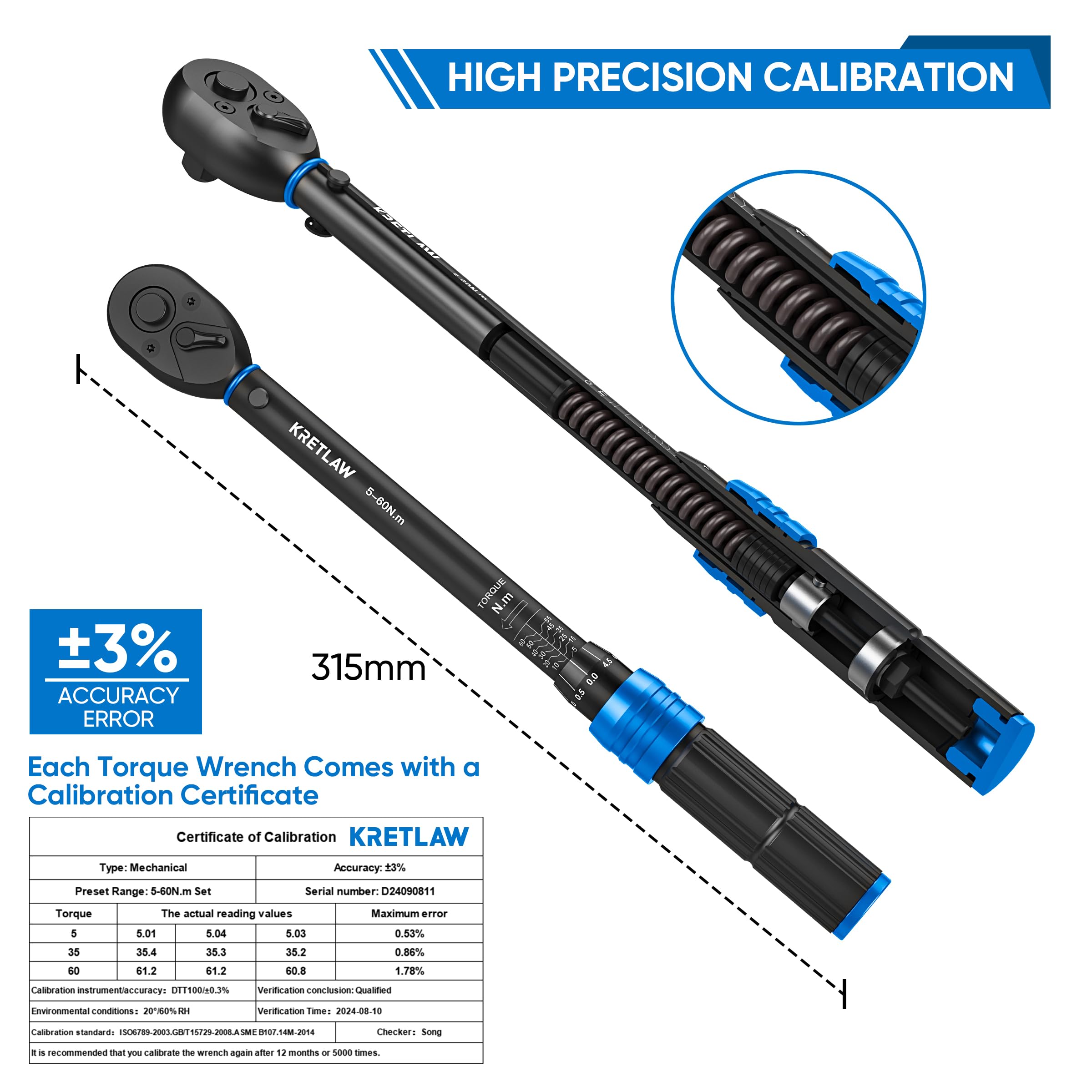 KRETLAW Juego de Llave Dinamométrica de 30 Piezas, Llave de Torque de 3/8" (5-60 Nm), Trinquete de 72 Dientes, Precisión ±3% con Extensiones, Vasos y Adaptador