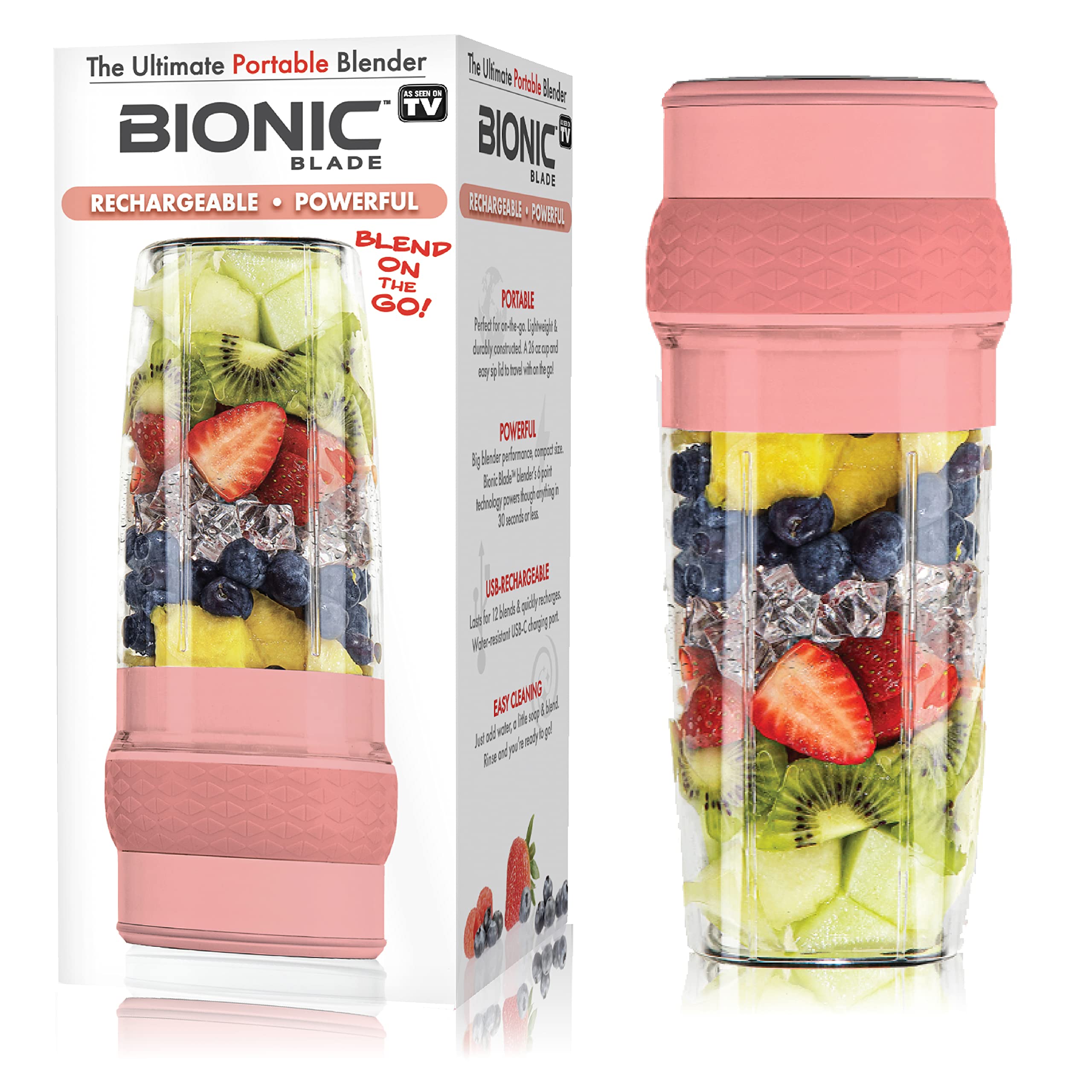 Bionic Blade Personal Blender - 26.5 Oz, Cordless, Rechargeable 18,000 RPM Portable Blender for Shakes and Smoothies - 8.6" Tall, Seen On TV (Peach)