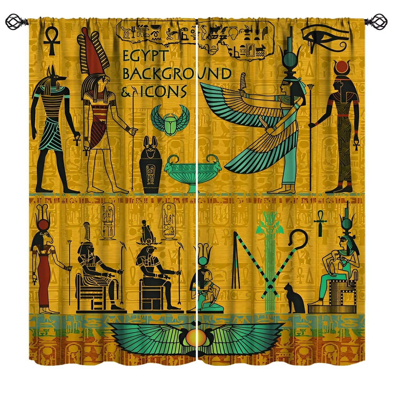 Mchenxin Ancient Egyptian Curtains, Vintage Golden Teal Egyptian Hieroglyphs Pharaoh Symbols Print Rod Pocket Window Treatments for Bedroom Living