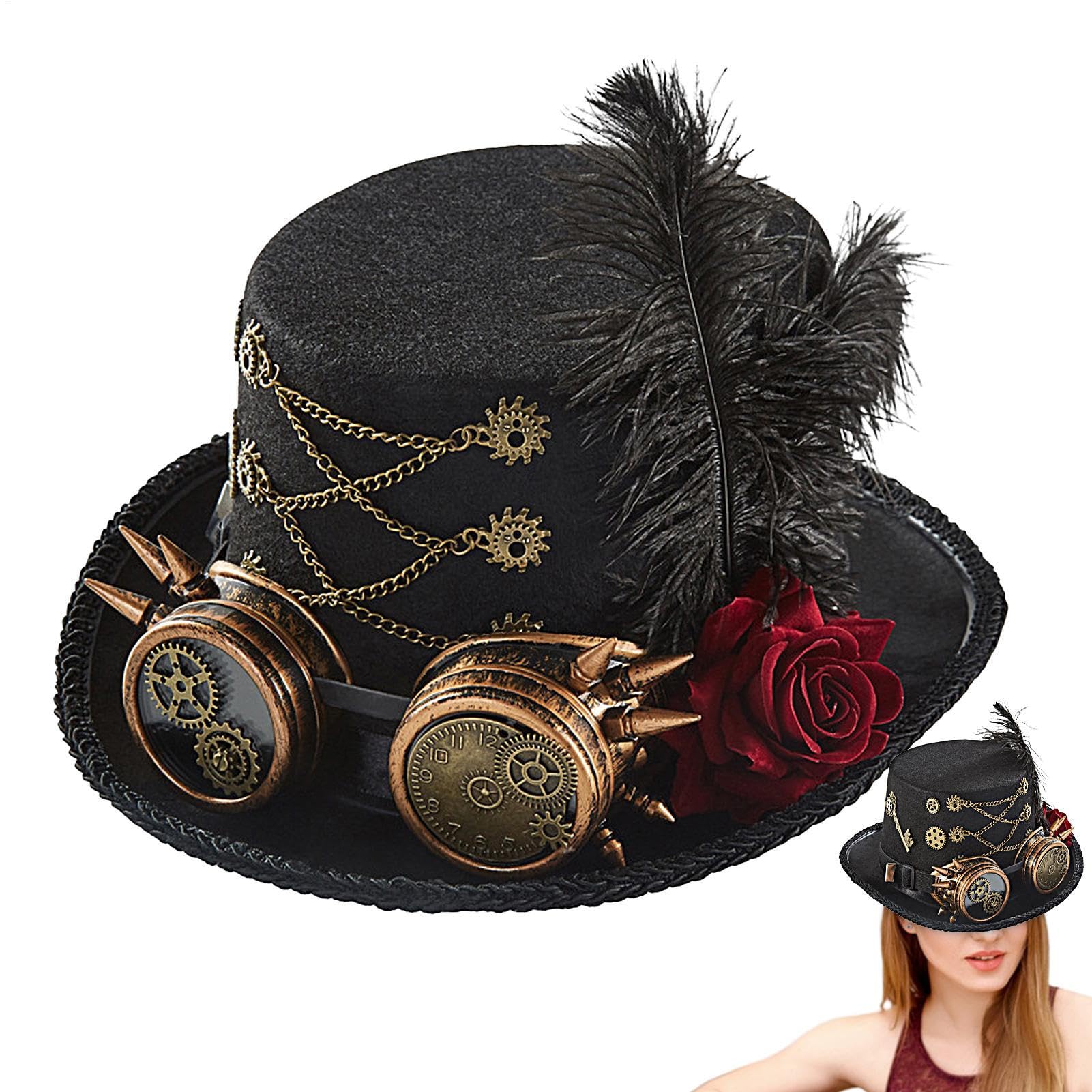 Steampunk Top Hat, Steam Punk Costume Hat with Goggles Design, Felt Headwear Adjustable Costume Outfit for Men Women Adults Teens