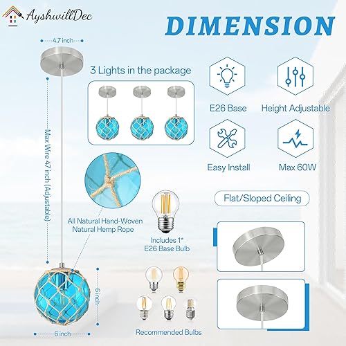 Miniatura 5 de Paquete de 3 lámparas colgantes costeras azules de 6 pulgadas para isla de cocina, lámpara de techo con globo de vidrio oceánico, lámpara de techo