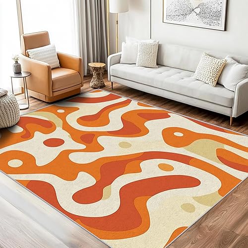 Alfombra moderna de mediados de siglo, lavable, diseño abstracto, retro, 8 x 10 pulgadas, diseño de ondas naranjas de los años 70, alfombra grande,