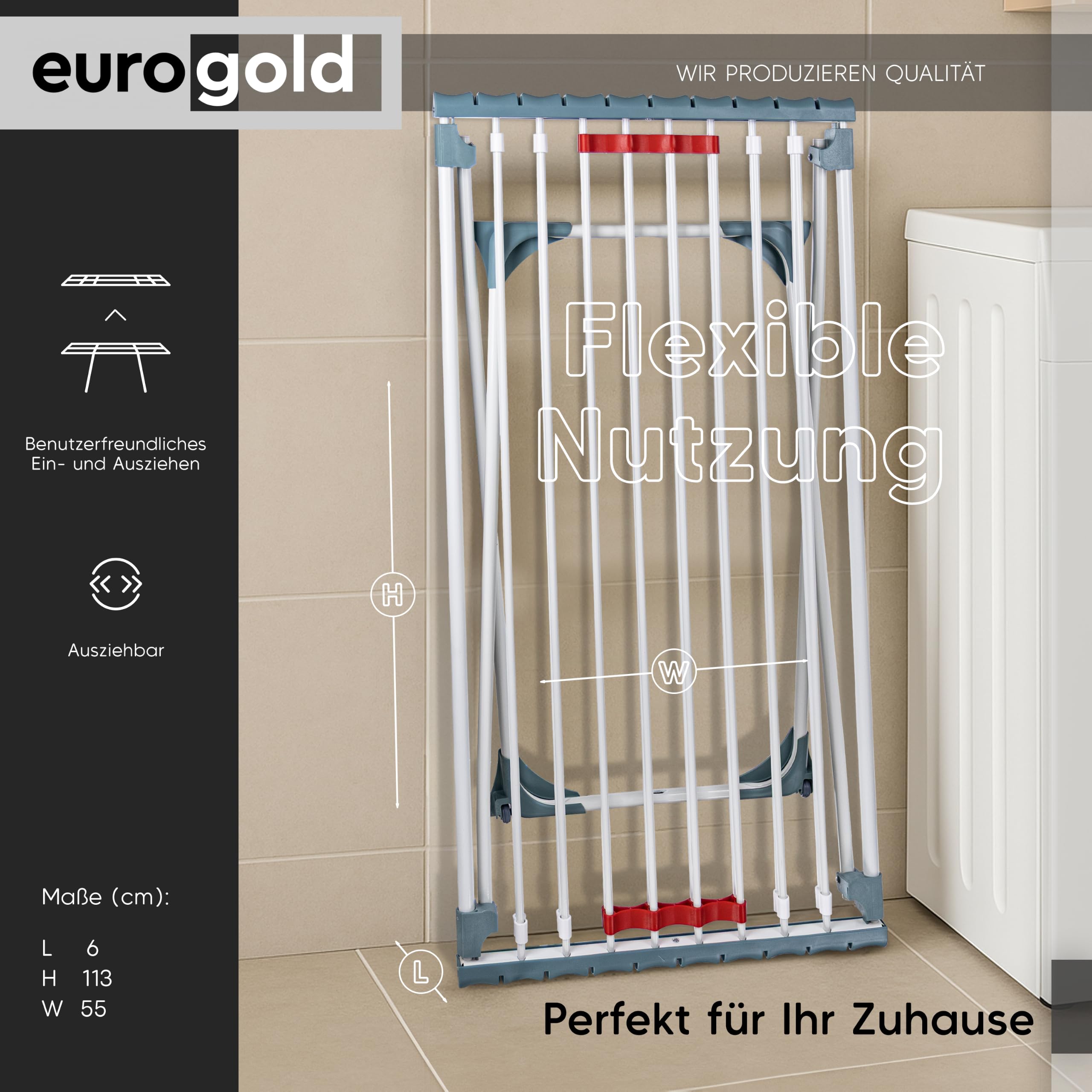 EUROGOLD Wäscheständer Ausziehbar 20m, Trockenständer für Bettwäsche Weiß | Stabiler Wäscheständer Klappbar ohne Querstrebe, Großer Trockenständer für Bettwäsche, Balkon, Garten & Zuhause