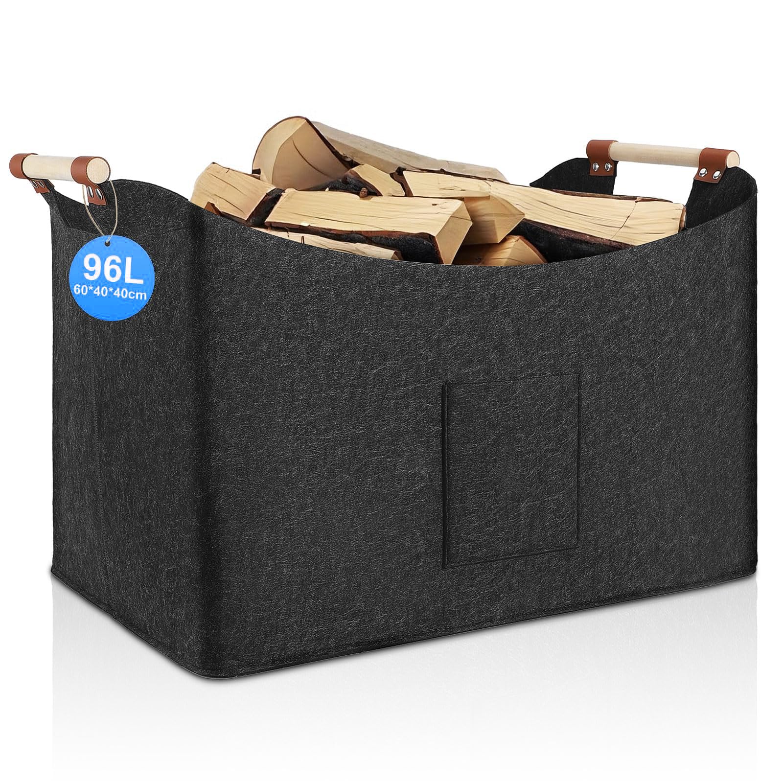 Zapniyl Dark Grey Felt Firewood Basket 96L Foldable,Log Basket For Wood Burner Indoor (Dark Gray -2 Pack)