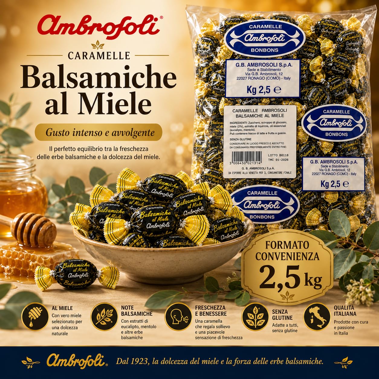 Ambrosoli Caramelle Balsamiche al miele in sacchi da kg. 2,5