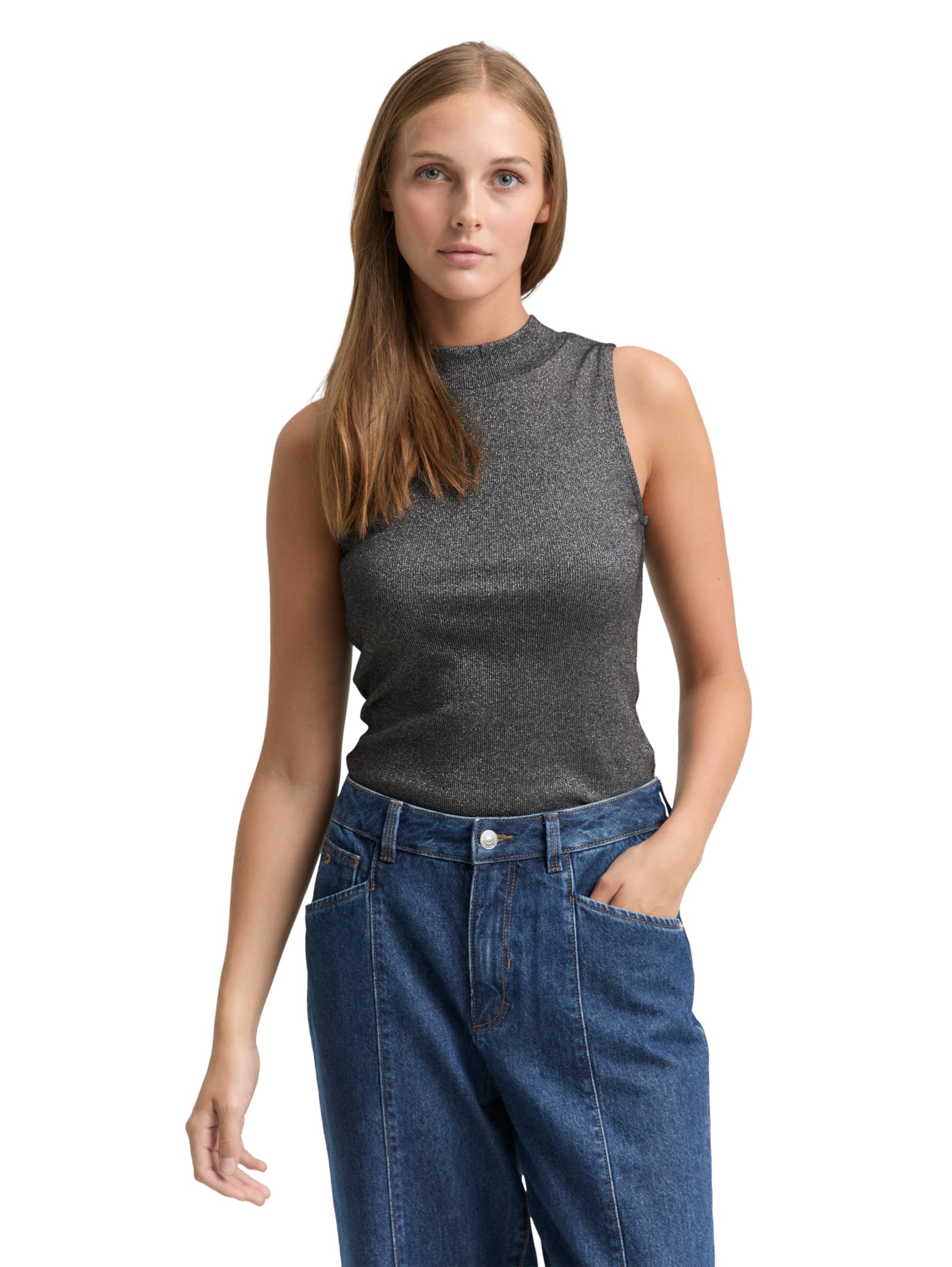 TOM TAILOR Denim Damen 1048967 Slim Fit Top mit Glitzer-Effekt