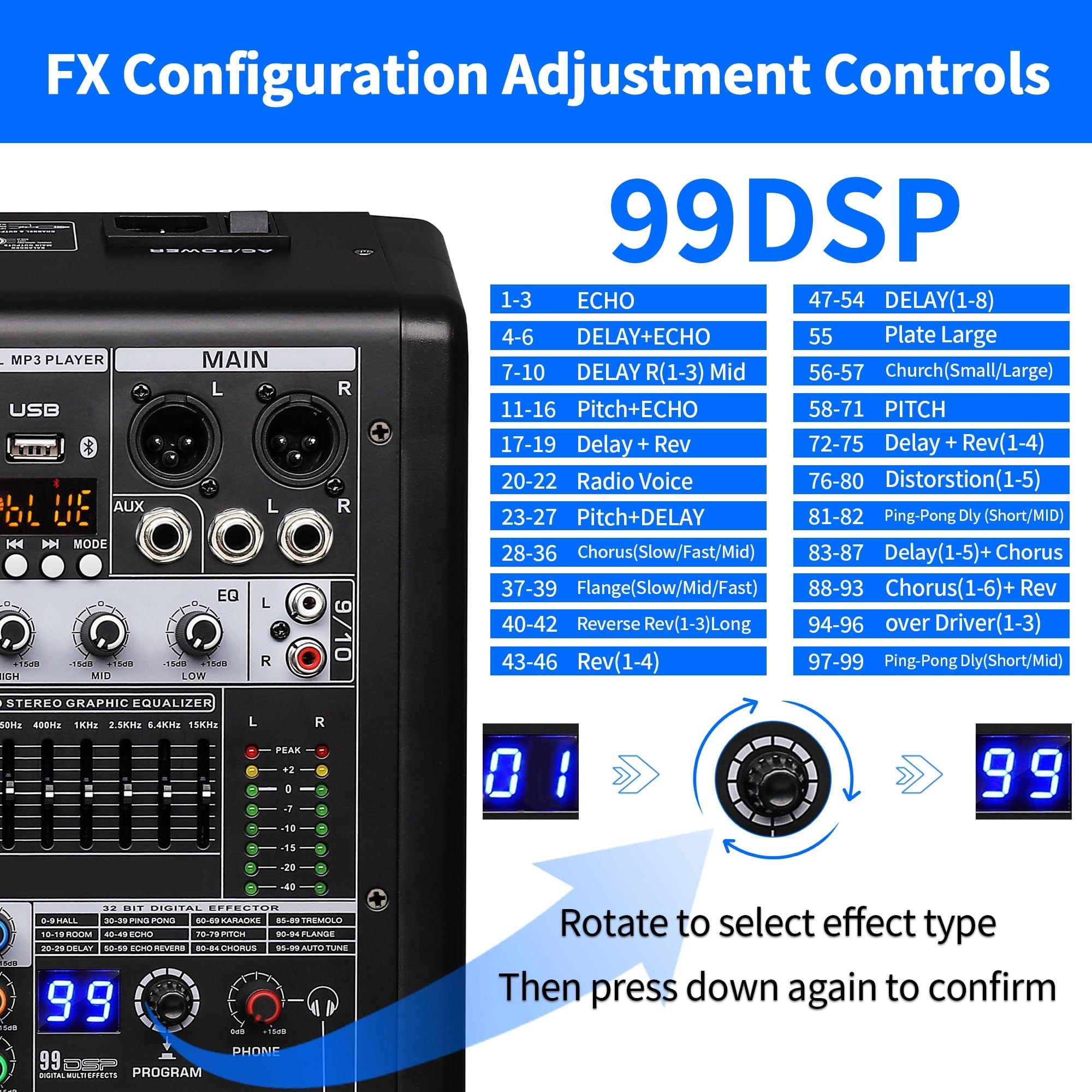 S-10 Dj Mixer Professionale 10 Canali con Lettore MP3 Mixer Digitale 99 DSP ed Effetti