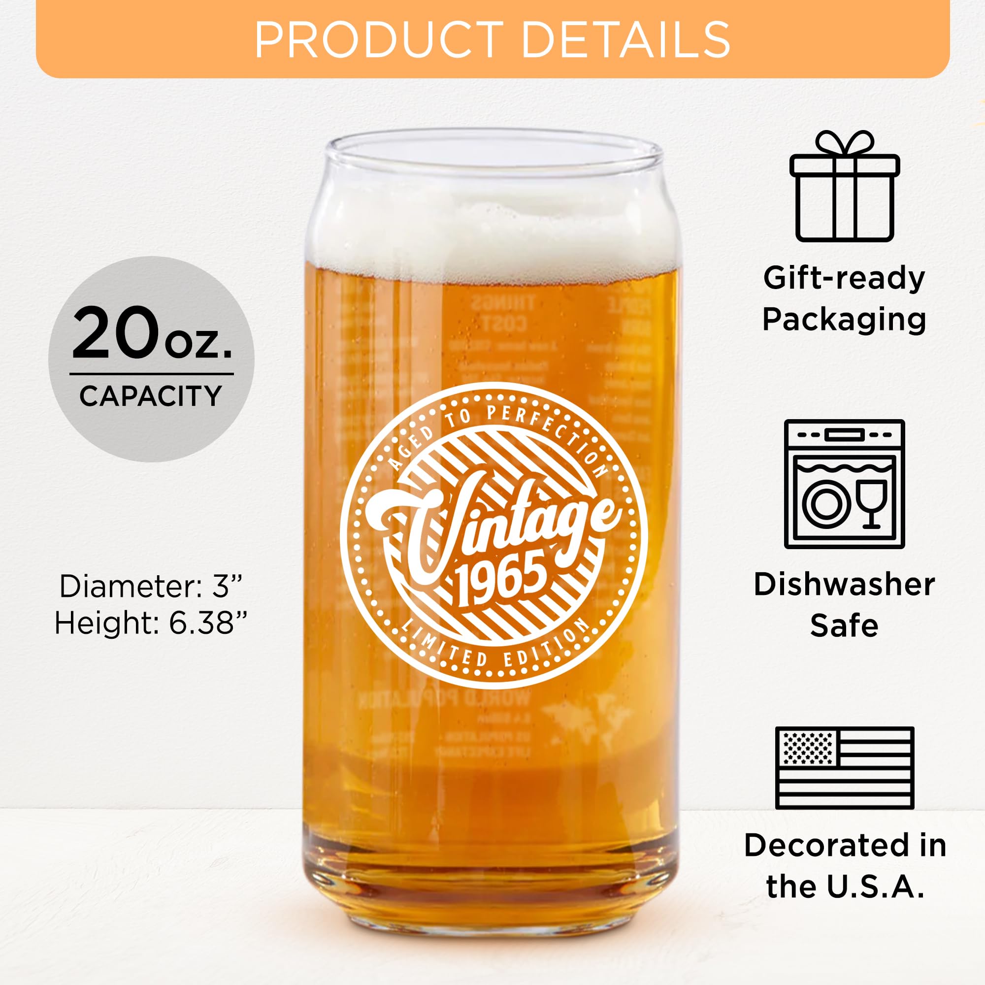 60th Birthday Gift For Men - 20 Oz Vintage - 60th Birthday Gift for Men Women - Vintage 1965 Two-Sided Beer Can Glass (1 Count) - Funny Unique Gift for His or Her 60th Birthday or Anniversary (1965)