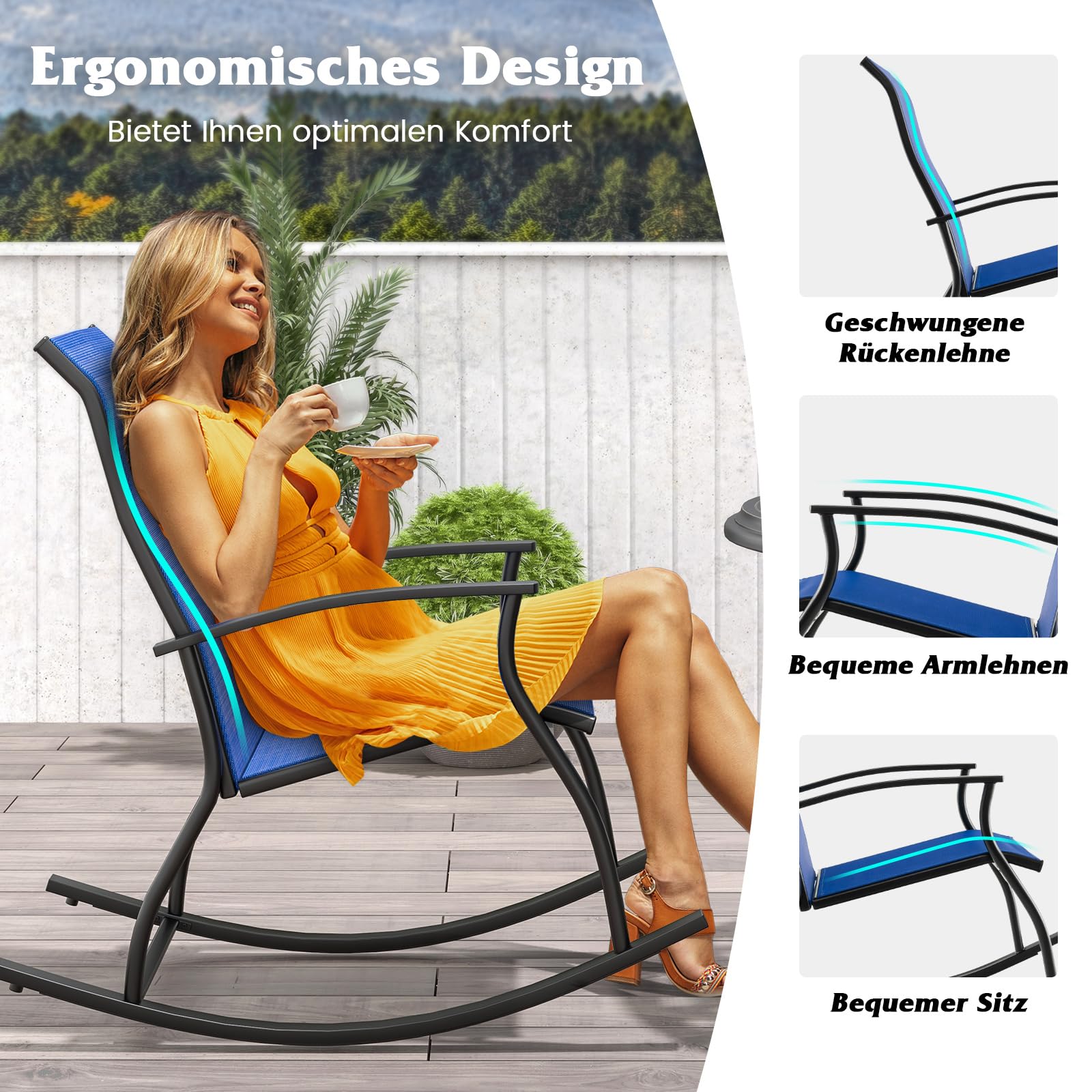 COSTWAY 2er Set Schaukelstühle, Schaukelsessel mit hoher Rückenlehne und atmungsaktivem Sitzstoff, Gartenstühle für Garten, Veranda, Pool, Blau