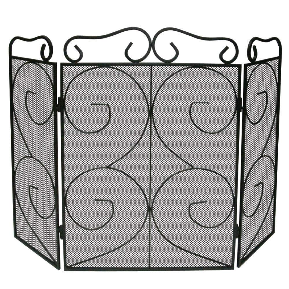 Lizh Metalwork 3-Panel 48x29in Simple Modern Fireplace Screen with Scrolling Pattern,Wrought Iron Decorative Mesh Baby Safe Proof Fence Fire Spark Guard Cover for Indoor Fireplace Gate Cover,Black