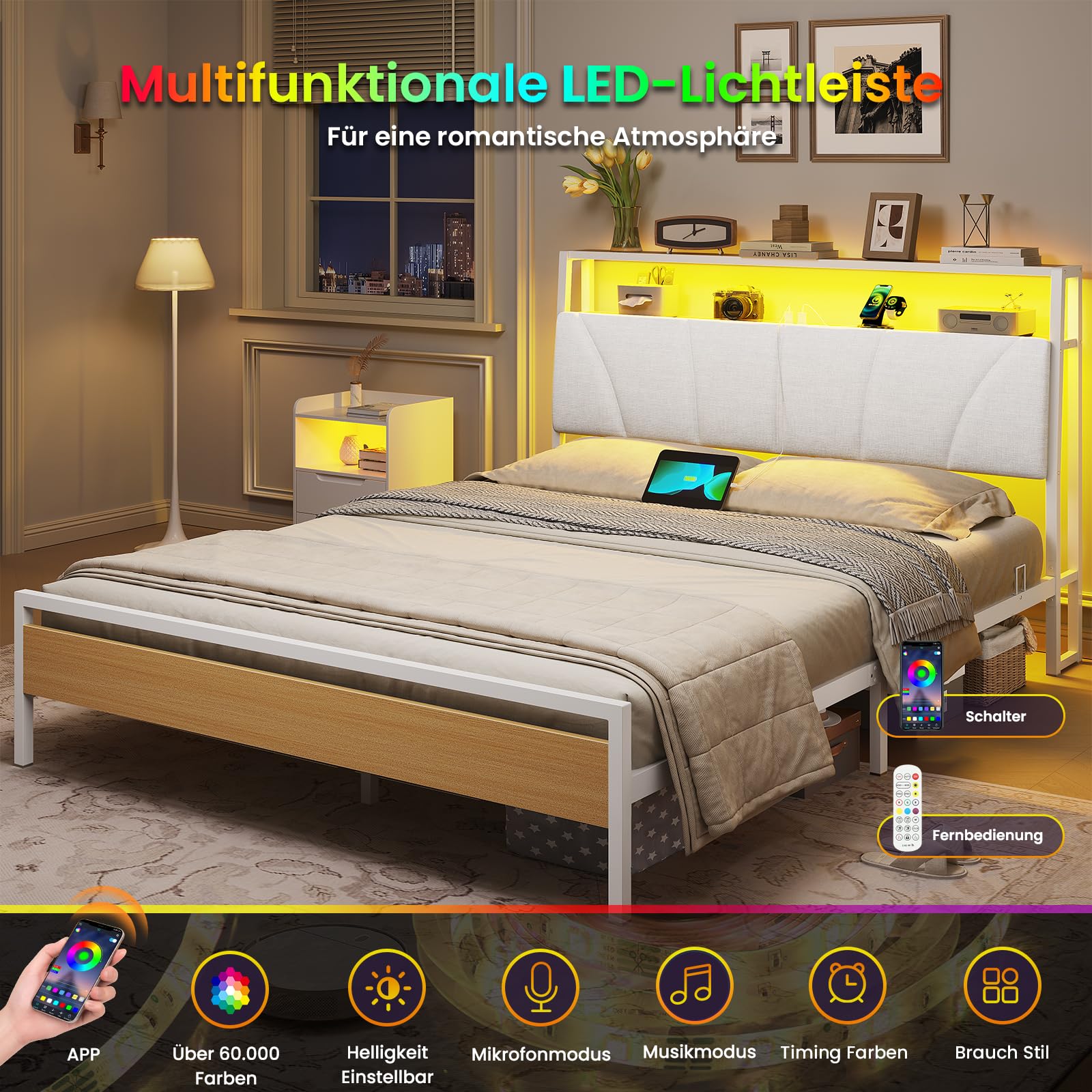 Brinlawb Bett 140x200 mit Lattenrost aus Metall, Bettgestell 140x200cm mit LED Beleuchtung Metallbett 140x200 mit Kopfteil & Ladestation(2 AC-Steckdosen& 2 USB-Anschlüsse) Jugendbett Doppelbett, Weiß