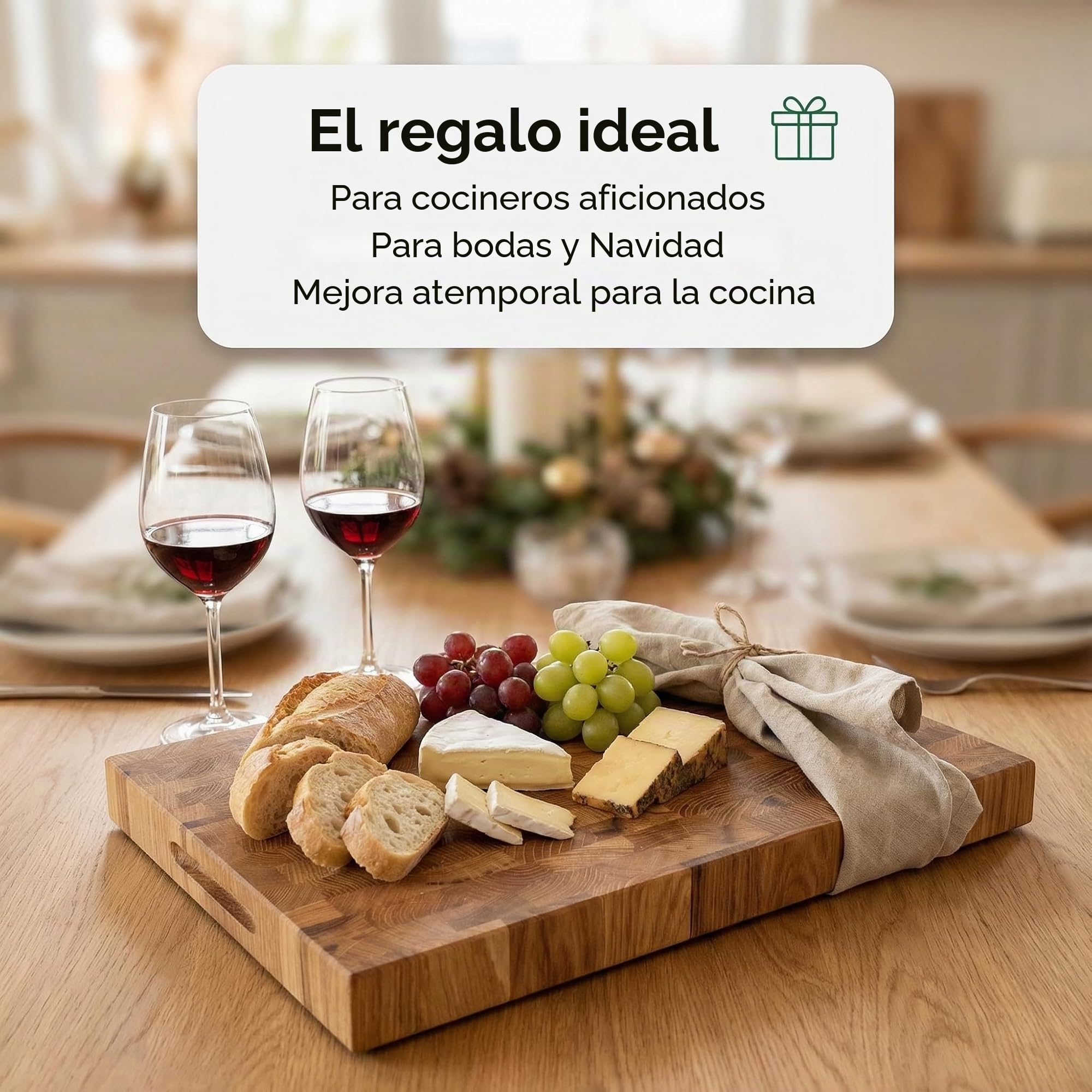 B4K® Tabla de cortar de roble 37x27x4,3 cm | Madera de bout con asas y pies de silicona | Antibacteriana y aceitada | Tabla de cocina robusta