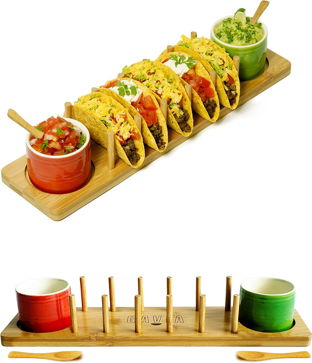 Uр Tо 60% оƒƒ Deluxe Wooden Taco Holder Stand Set - Ceramic Cups - Soft & Hard Taco Shell Holder - For Big & Mini Taco Holder Wood - Premium Taco Plates - Mexican Taco Tuesday Tray - Taco Serving Tray