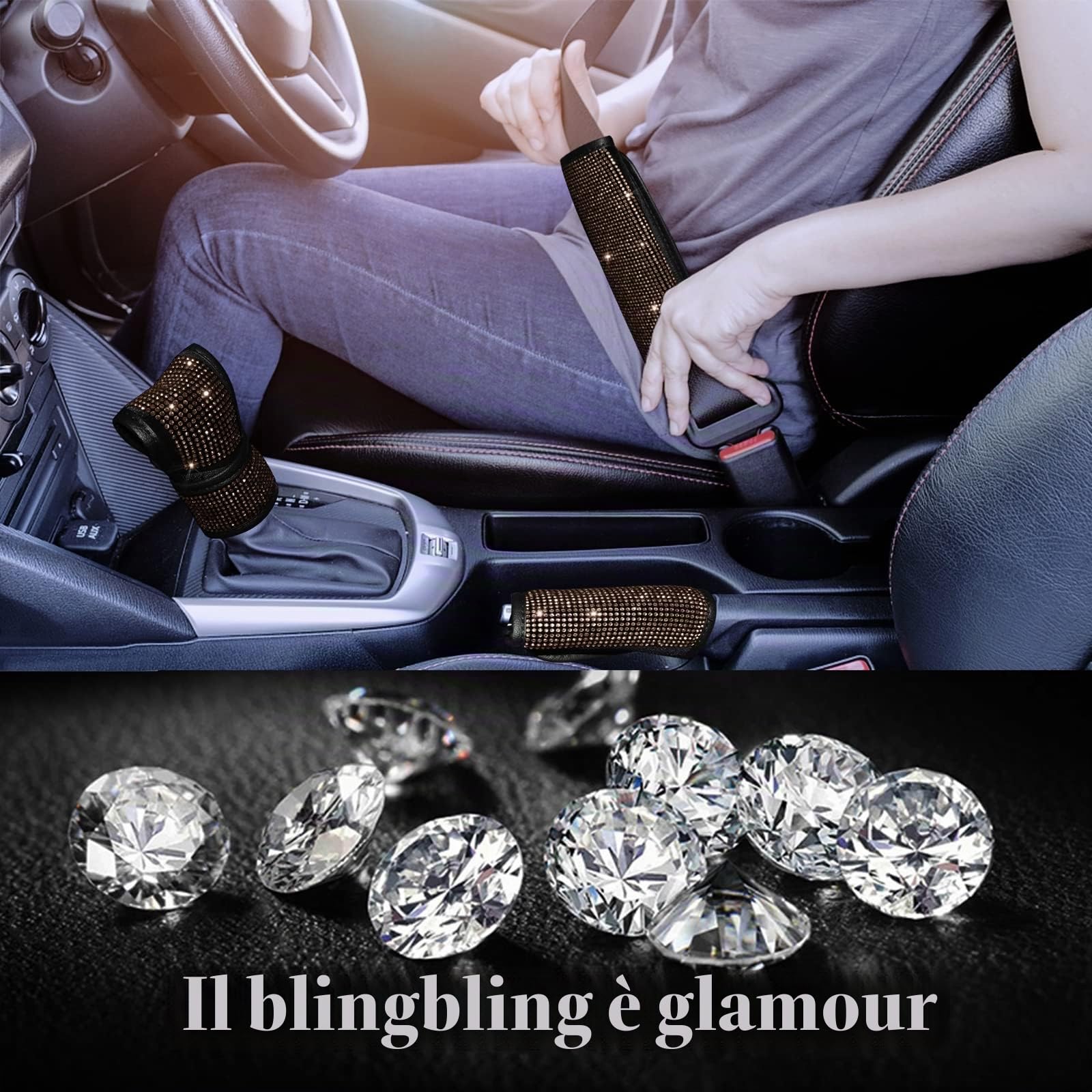 Set di 11 accessori per auto con strass, set di accessori per auto da donna, coprivolante da donna, misura universale, 38 cm, con strass (champagne)
