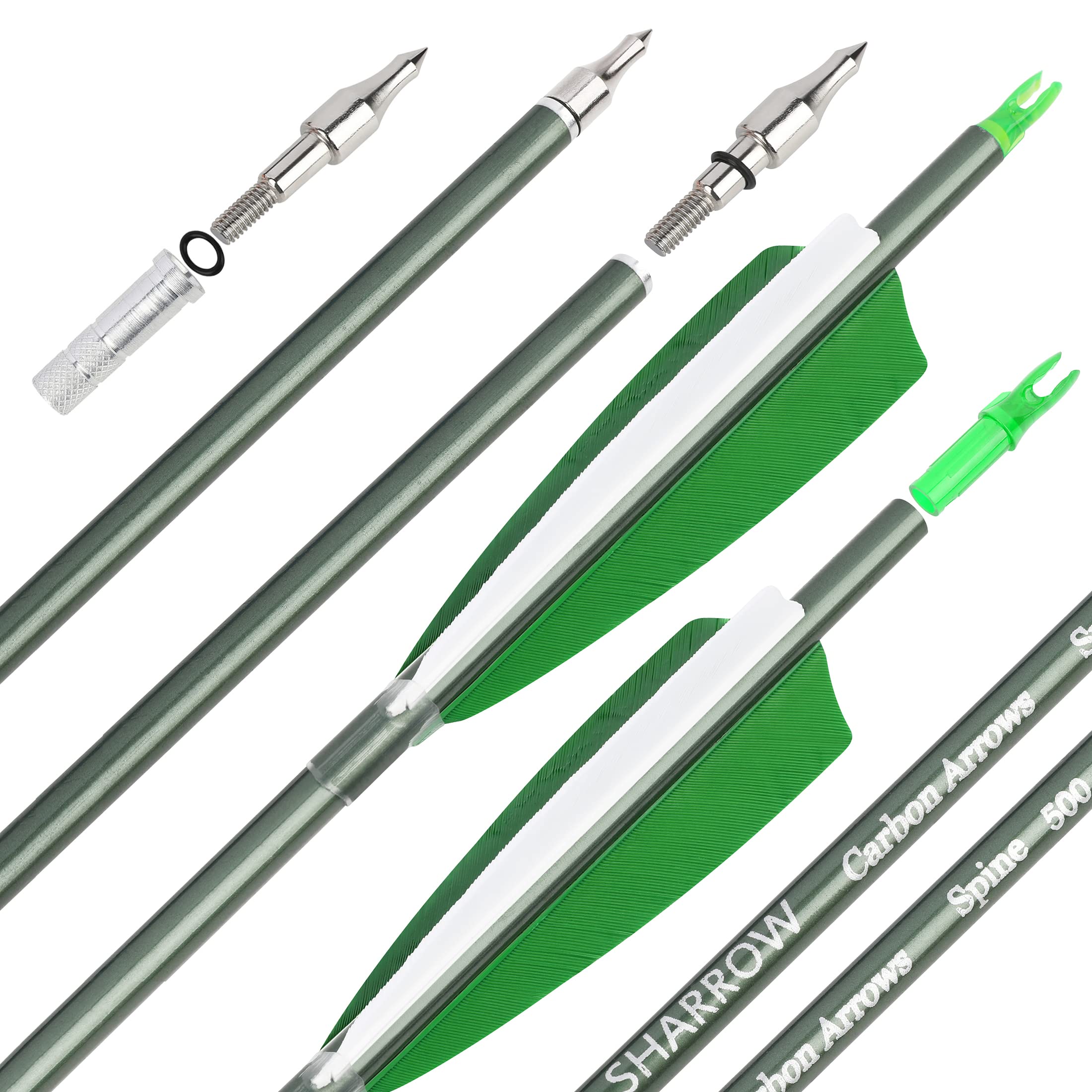 31" Carbonpfeile Bogenschießen Jagdpfeile 500 Spine mit Federn Geflochtene Zielübungspfeile für Bogenschießen Compound&Recurve&Langbogen 6/12St.