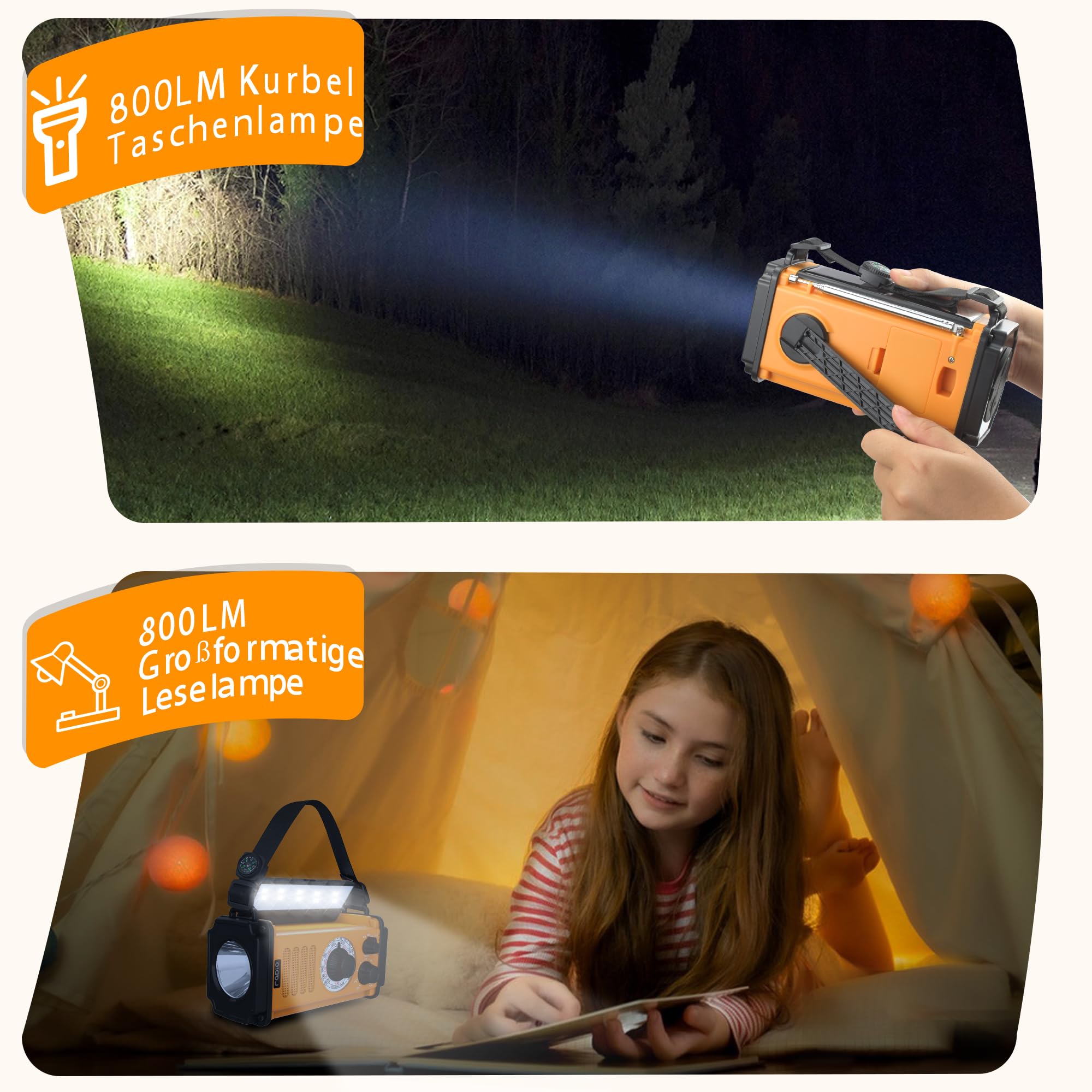 48100mWh/13000mAh Solar Kurbel Notfall Radio, 5-Wege Tragbare AM FM Dynamo Weltempfänger Radio, USB Handy-Lader,800LM Campinglampe| Leselampe,SOS Alarm,Kompass für Blackout Notfallausrüstung Überleben