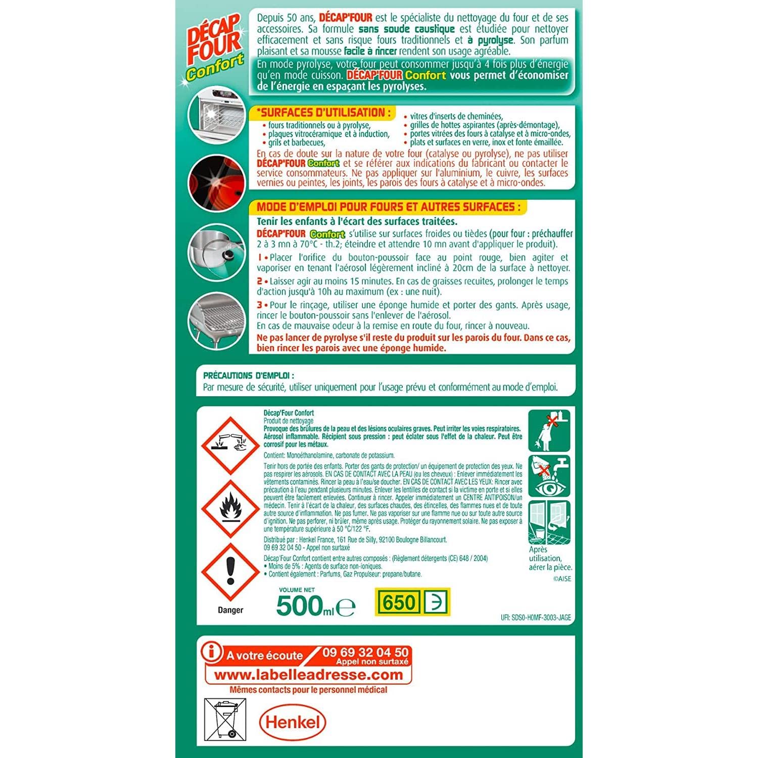 Decap Four Lot de 3 Aérosols 500 ml Nettoyant Ménager pour Fours traditionnels ou à Pyrolyse Mousse
