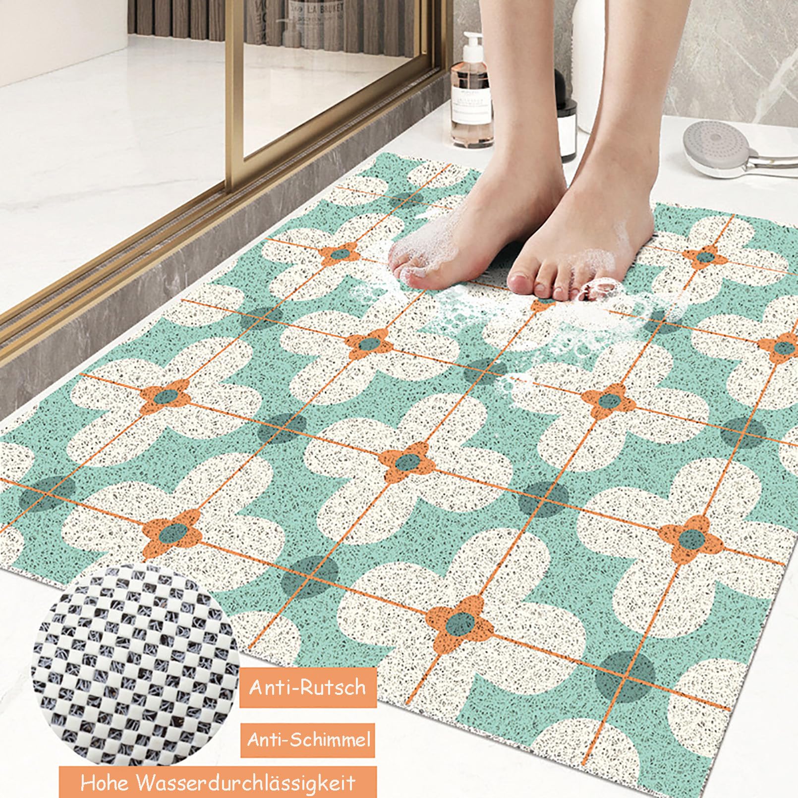 Tappetino doccia antiscivolo 40 x 60 cm in PVC morbido e confortevole con fori di drenaggio, altamente permeabile all'acqua, ideale per zone umide.
