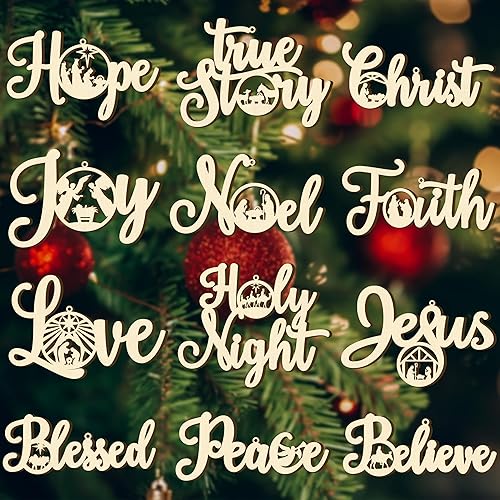 Adornos de árbol de Navidad para árbol de Navidad, adornos colgantes de madera para Navidad, letrero religioso, letras religiosas, manualidades,