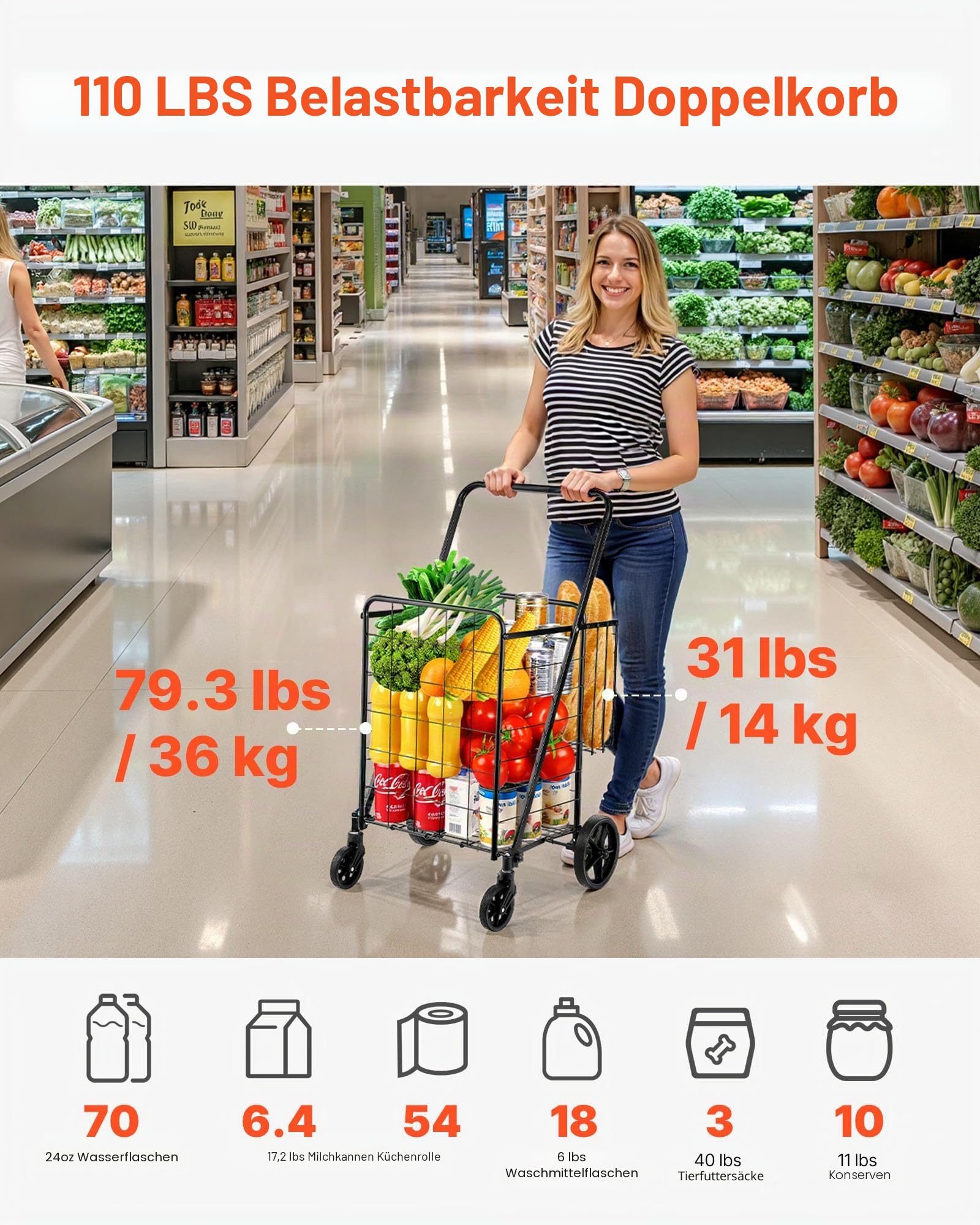 VEVOR Einkaufstrolley Einkaufswagen Klappbar 50 kg Belastbar, Einkaufsroller Handwagen Multifunktional, Shoppingtrolley Faltbar für Wäsche, Lebensmittel, Camping-Werkzeuge usw. | Jumbo-Einkaufswagen, Doppelkörbe, 360° drehbare Räder, 50 kg große Kapazität