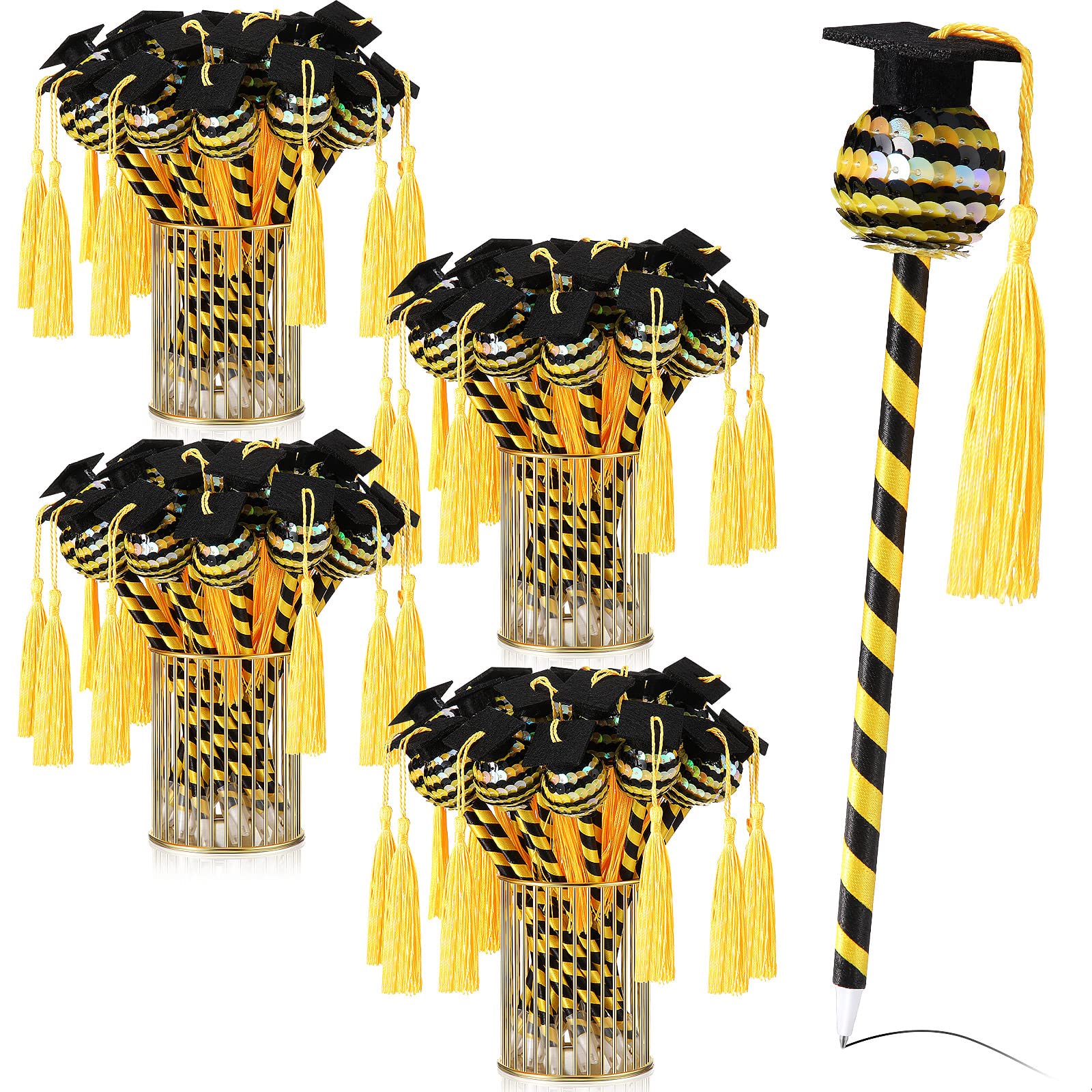Crtiin 50 Pcs Graduation Cap Ballpoint Pen with Tassels Round Shaped Flip Sequin Ballpoint Pen Graduation Party Favors Black Ink Sequin Pen for Class of 2023 Gifts (Gold)