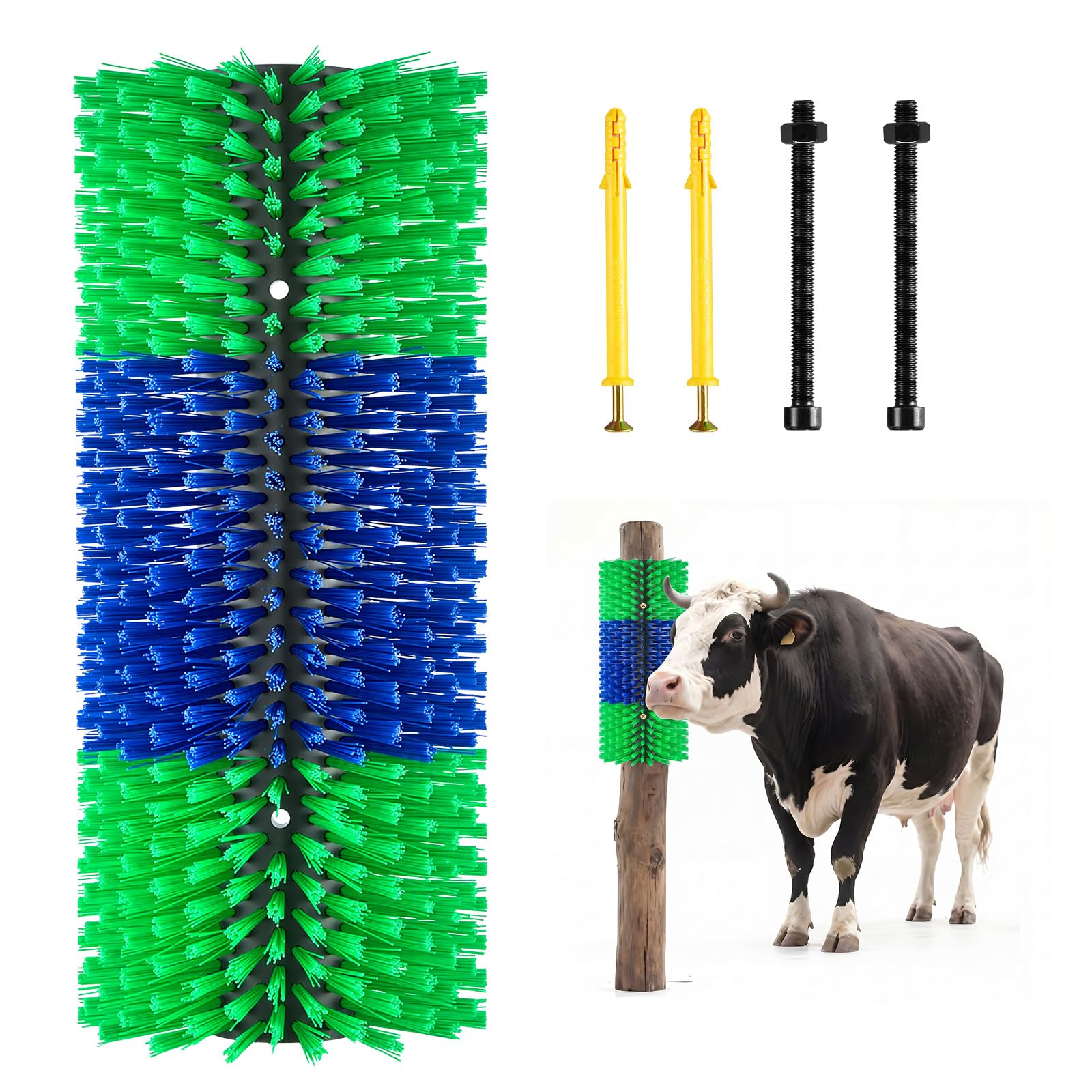 VEVOR Spazzola Grattatrice Bestiame 1 Pezzo per Capre, Spazzola a Rullo con 4 Viti, 430 x 190 mm, Colore Verde e Blu, per Alleviamento Prurito Massaggio e Toelettatura Cavalli Bovini Pecore Maiali