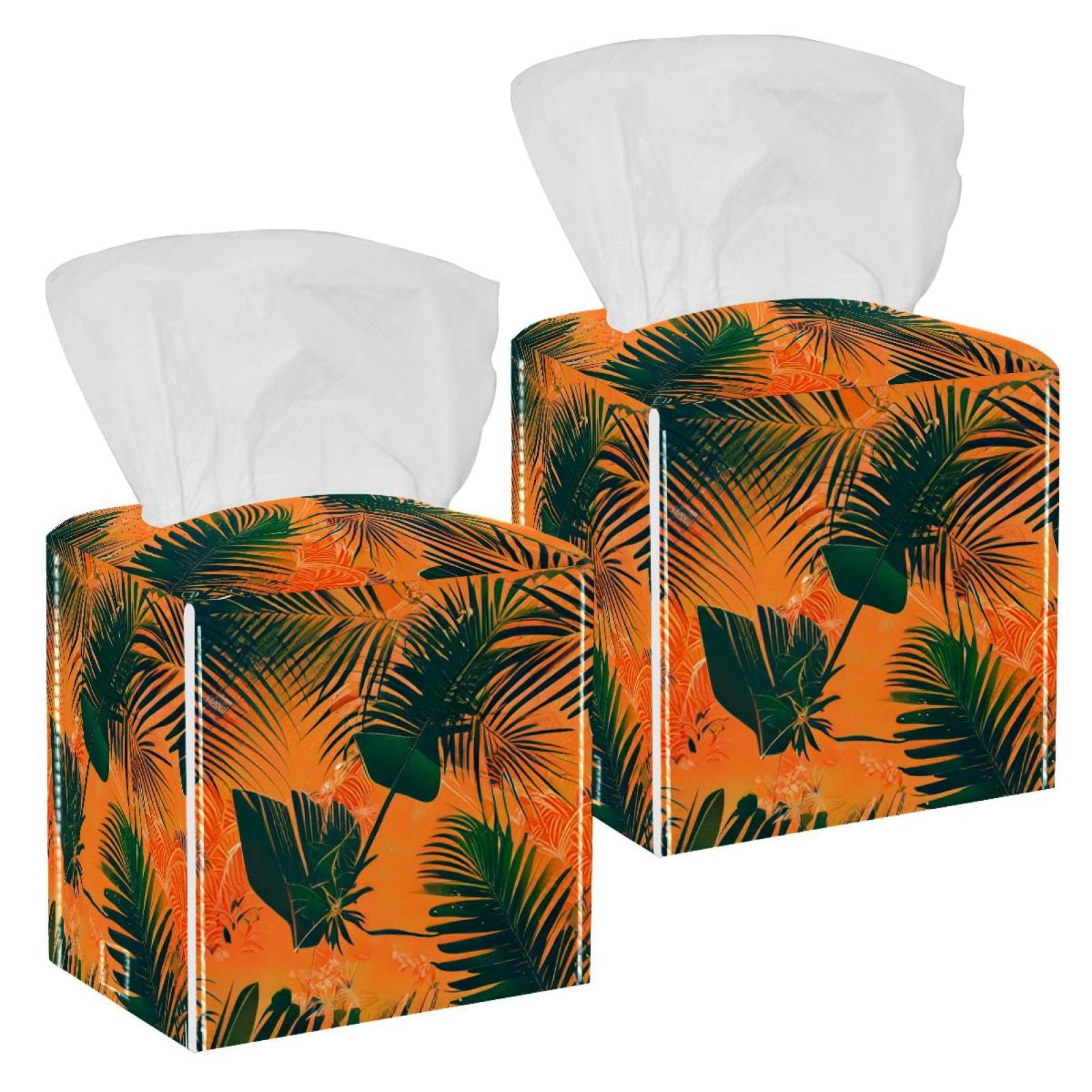 Coconut Leaves Tissue Box Cover, 2 Pack PU Leather Square Facial Tissue Dispenser Box holder for Home Office Car