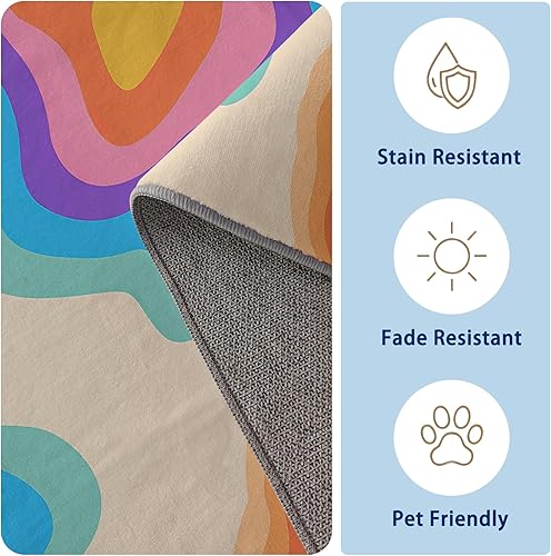 Miniatura 2 de Alfombras retro coloridas para dormitorio, alfombras lavables con remolinos ondulados para sala de estar, 4 x 7 pies, alfombra de área de diseño
