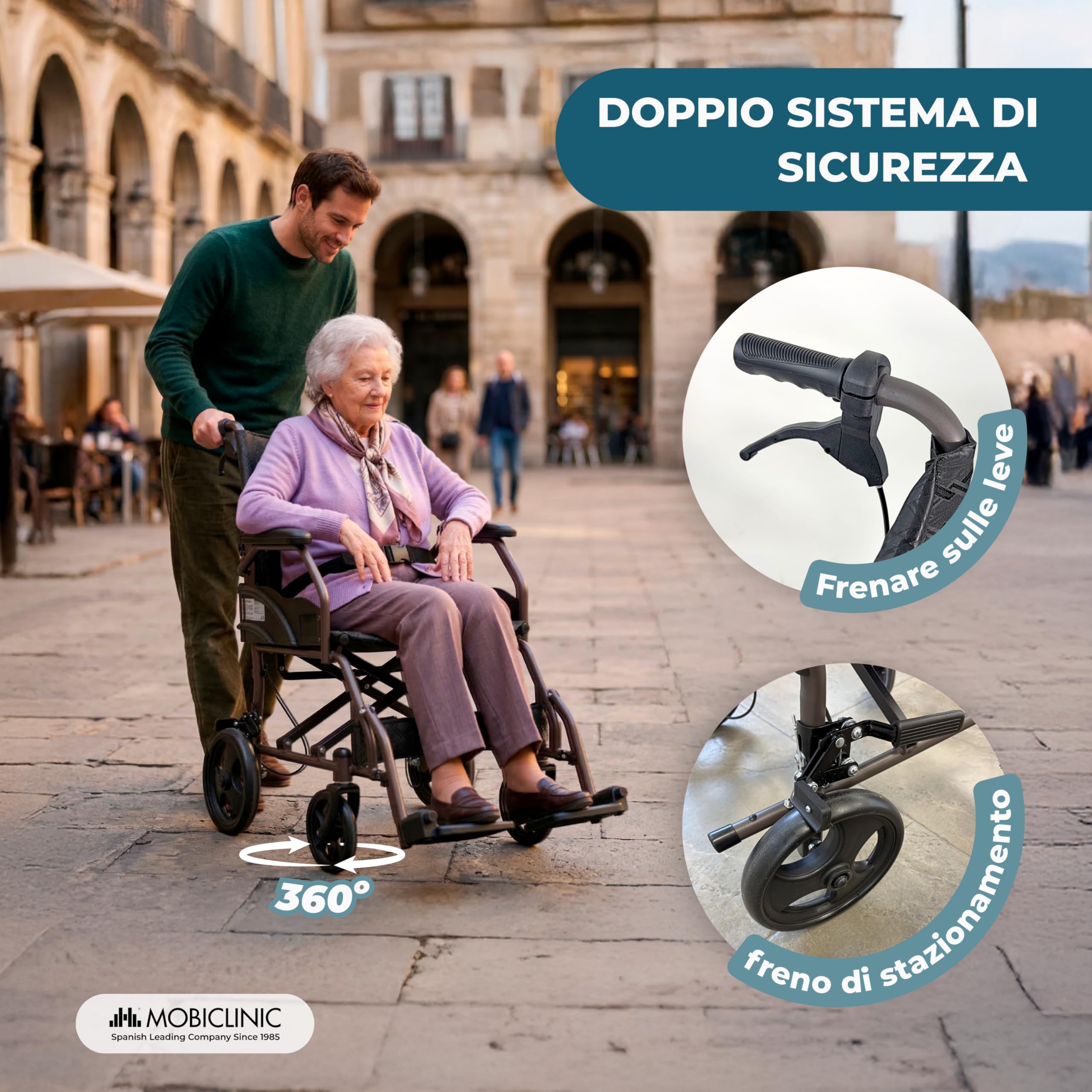 Mobiclinic®, Sedia a Rotelle Pieghevole, da Transito, Schienale e Poggiapiedi Pieghevoli, Doppio Sistema Frenante, Braccioli Imbottiti, Acciaio, Leggera e Compatta, Kefren