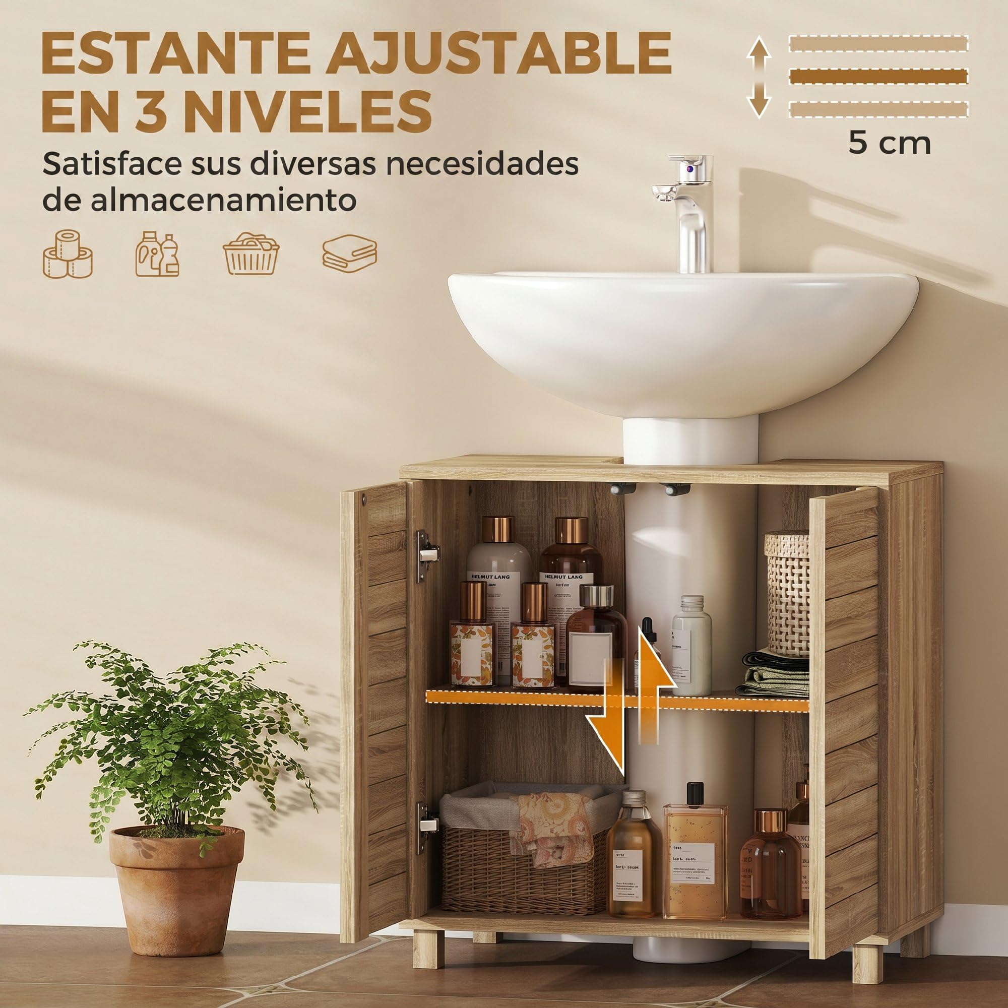 HOMCOM Mueble Bajo Lavabo, Mueble de Baño con Estante Ajustable, Puertas de Listones y Apertura por Presión, para Lavabo con Pedestal o Pared, 60x30x60 cm, Natural