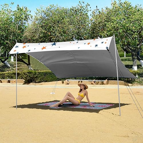 Miniatura 6 de Colorful Star Floral Designed UPF50+ Foldable Beach Canopy Waterproof Portable Sun Shelter with Sandbags and Shovel for Backyard and Camping carpas