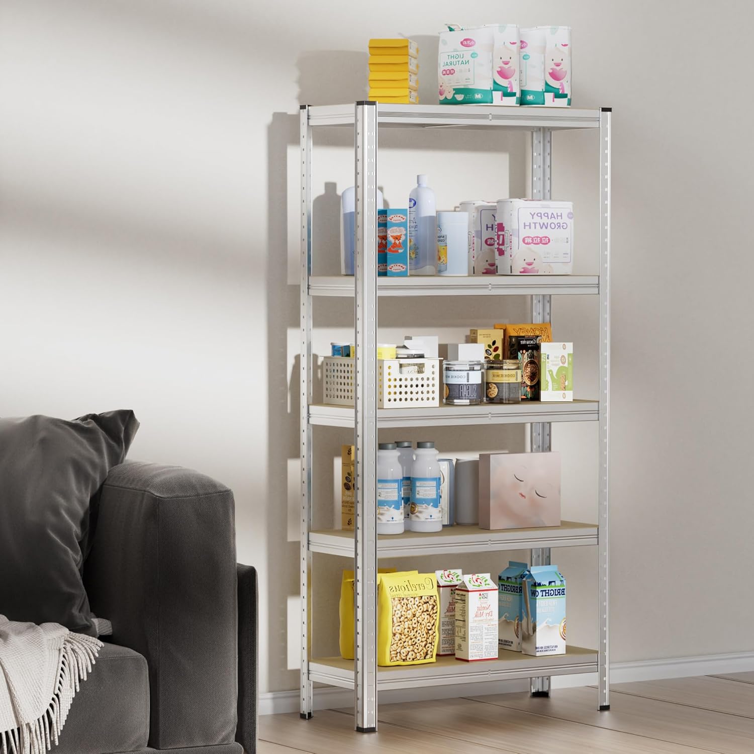 WilTec Heavy Duty Shelf with 5 shelves, fully assembled and stocked in a modern living room.