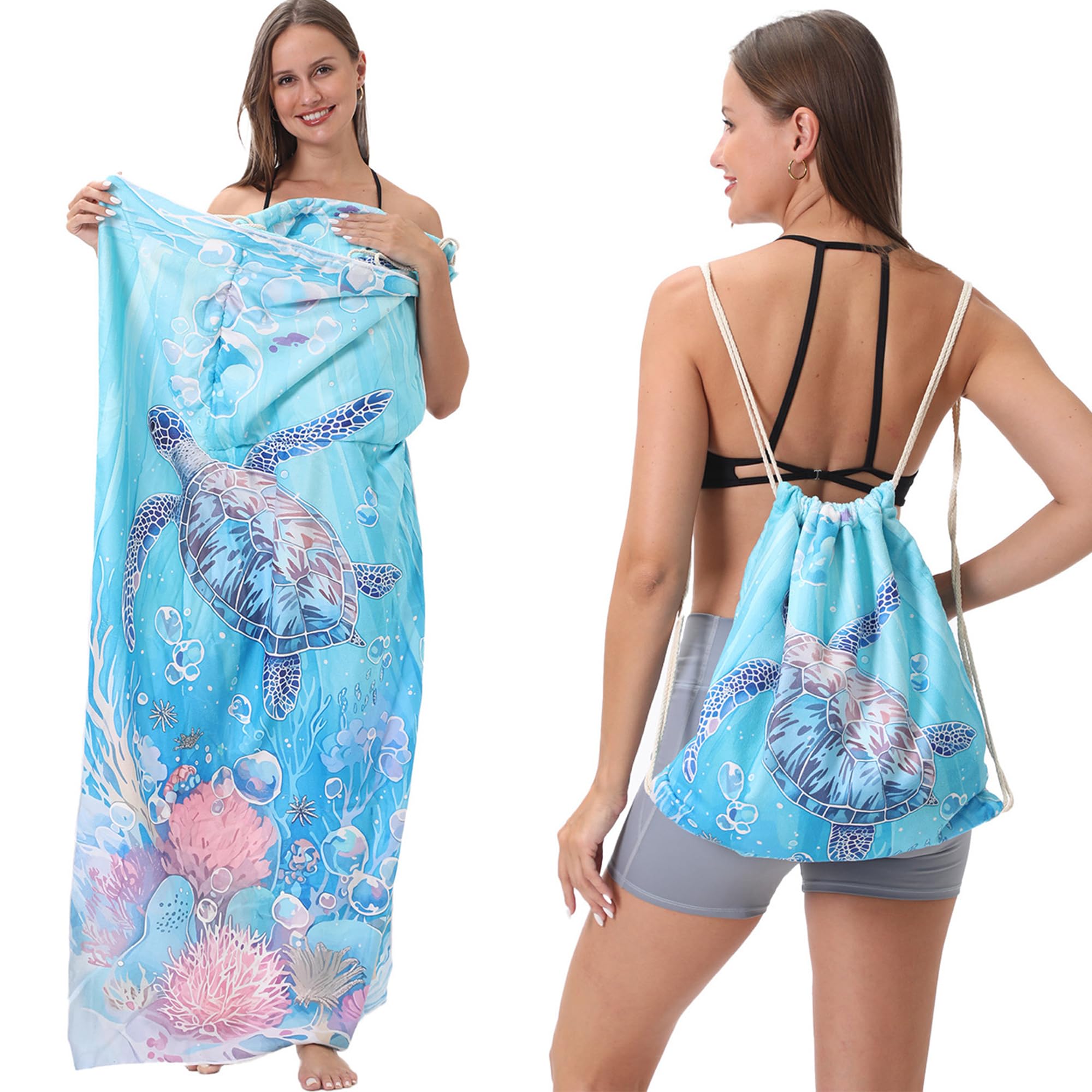 Senshuomy 2-in-1 Beach Towel Bag, Convertible Drawstring Beach Towel Backpack, Sand Free Quick Dry Microfiber Beach Towel for Adults, 80x160cm Lightweight for Beach, Pool, Travel, Holidays (Style-9)