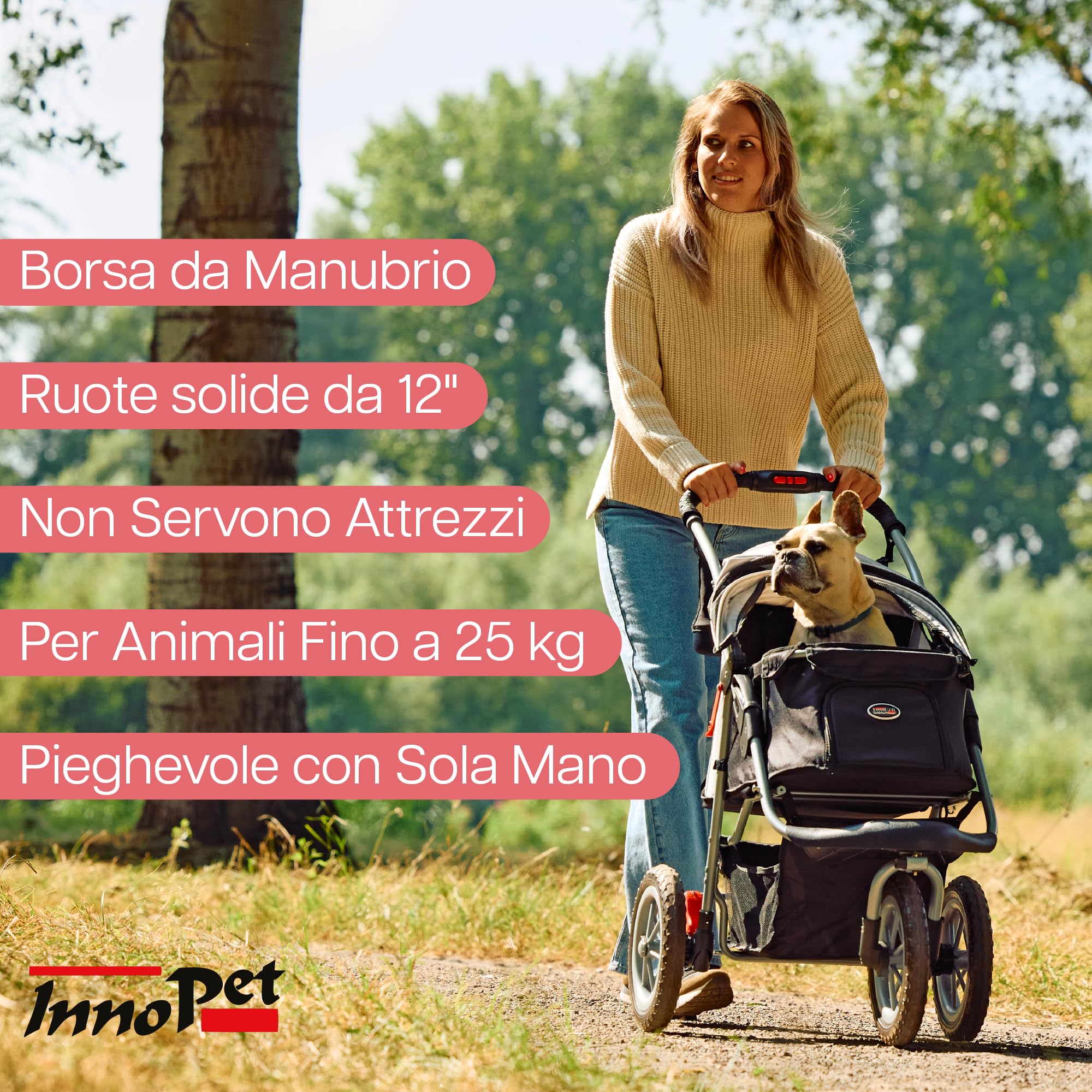Innopet Comfort Efa Eco Nero/Argento - Passeggino per cani e gatti pieghevole con una sola mano, ruote antiforatura, capacità di 25 kg - Cestello portaoggetti e design a 3 ruote facile da installare