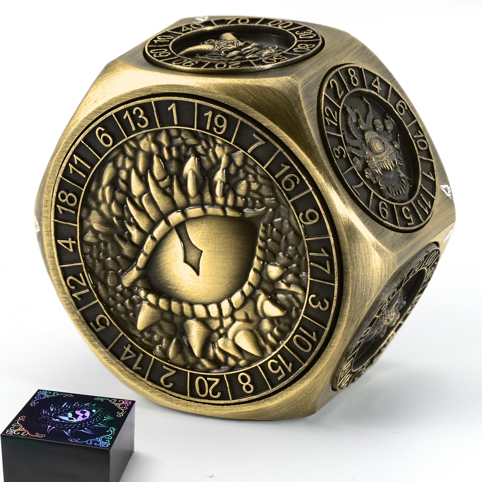 ZHOORQI 8-in-1 DND Würfel Set, Metall-Spinner-Würfel mit Zwei D20, 3D-Monster und leichtgängigem Drehmechanismus – Ideal für Rollenspiele, D and D(Dungeons and Dragons) Dice Geschenk(Black Bronze)