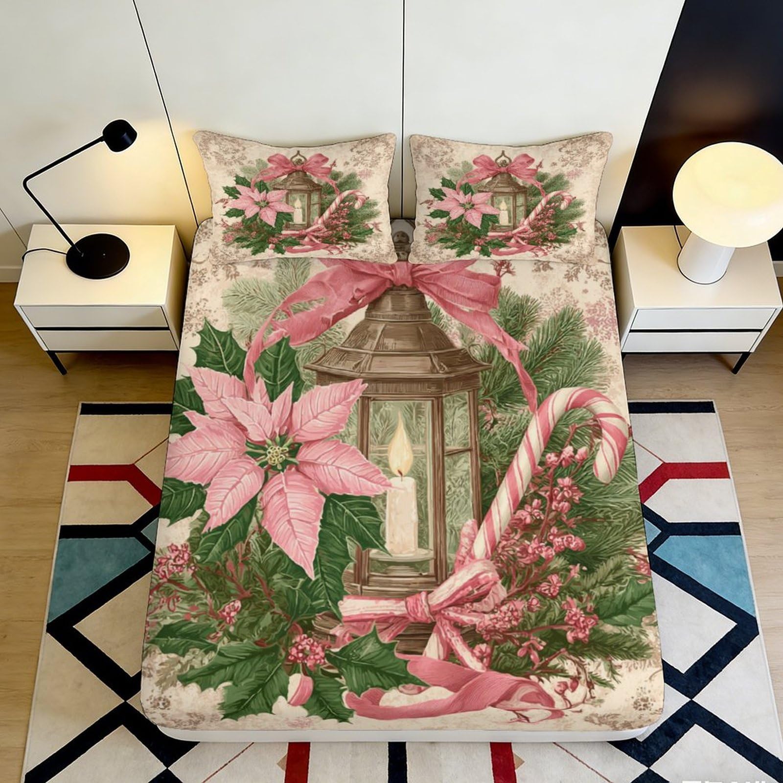 3D Printed Vintage Lantern Fitted Sheet Microfiber Pink Poinsettia Mattress Cover for Bedroom Guest Room Decor 90x200x25cm