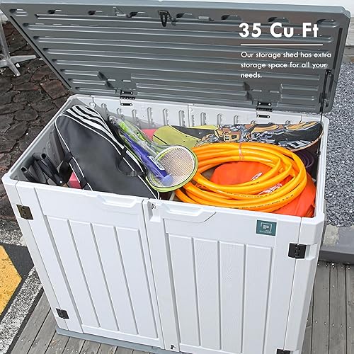 Miniatura 3 de Cobertizo de almacenamiento para exteriores de 35 pies cúbicos, caja de almacenamiento grande de resina, gabinete impermeable y con cerradura para