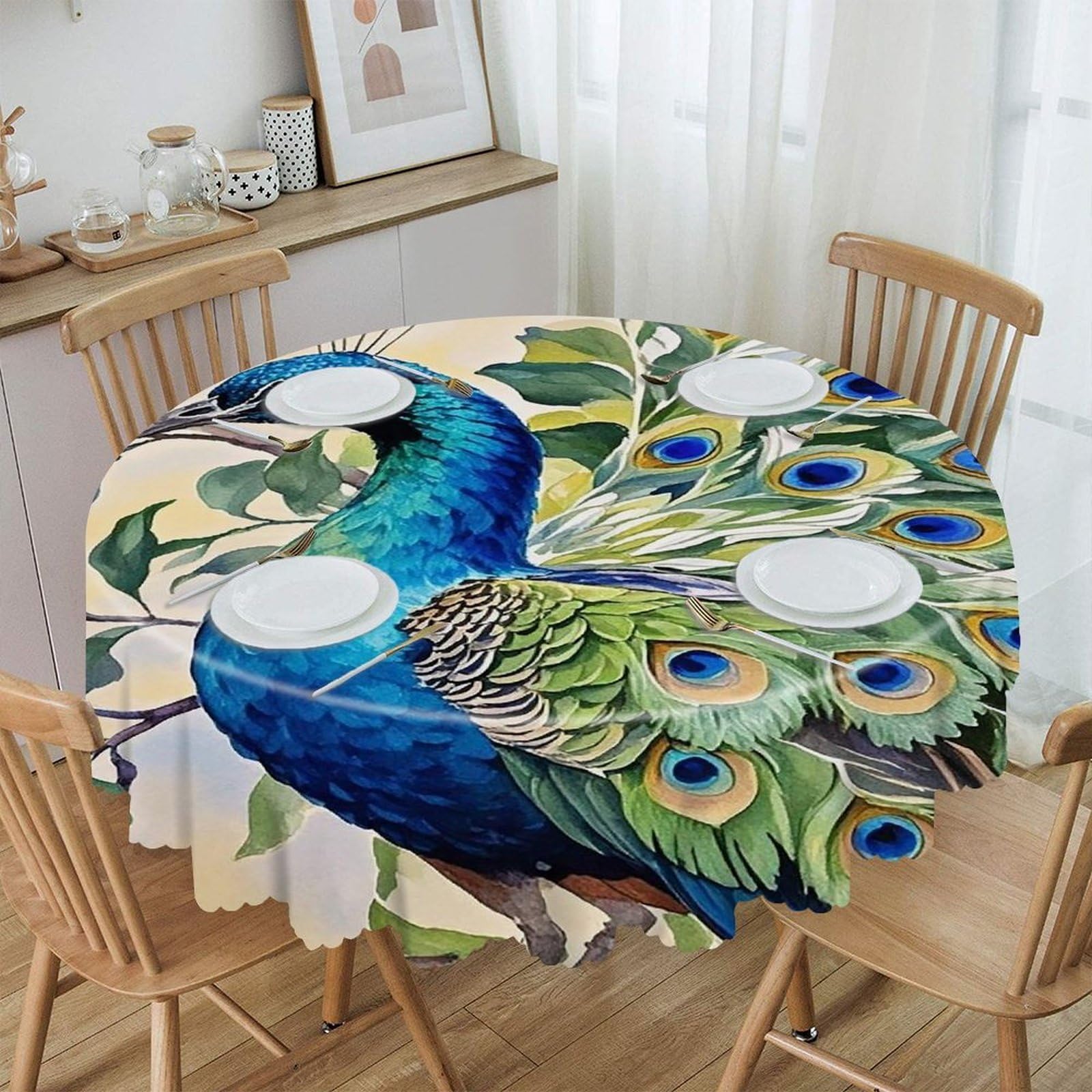 FekiLoot 60 Inch Round Peacock Watercolor Painting Tablecloth Waterproof Heavy Duty Polyester Table Cloth Spill-Proof Wipeable Table Cover Decorative Circle Dining Tablecover for Party Outdoor