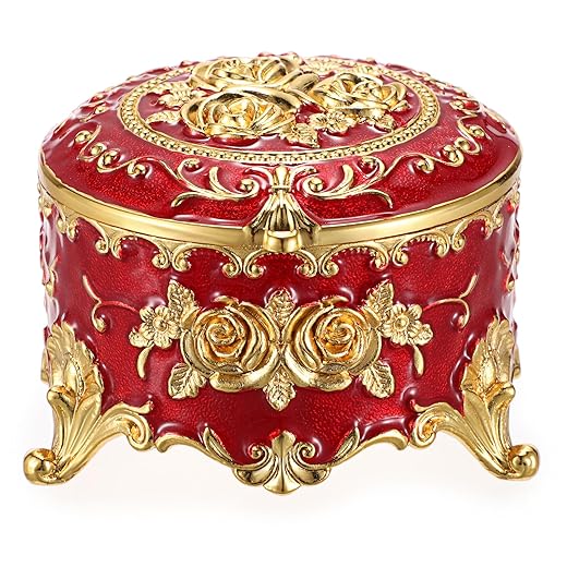 Hipiwe Vintage Metal Jewelry Box - Small Trinket Organizer Ring Box Case with Rose Pattern Jewelry Storage Box for Ring Earrings Necklace, Keepsake Box for Women,Red