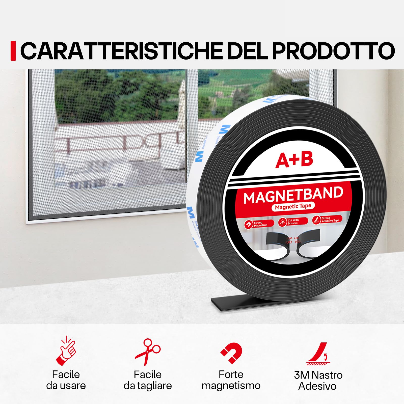 Nastro Magnetico Autoadesivo Extra Forte, Banda Magnetica A+B, Banda Magnetica Adesiva, Striscia Calamita per zanzariera, fai da te, tende da finestra, striscia magnetica 4m*15mm
