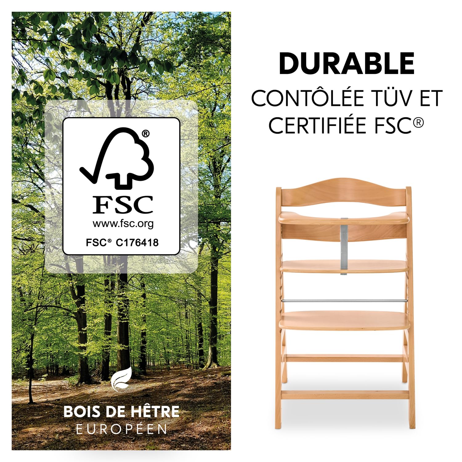 hauck Chaise Haute Bébé Alpha Plus, Évolutive dès 6 Mois, Inclus Harnais 5 Points, Barre de Sécurité, Réglable, Jusqu'à 90 kg, Bois FSC - Nature