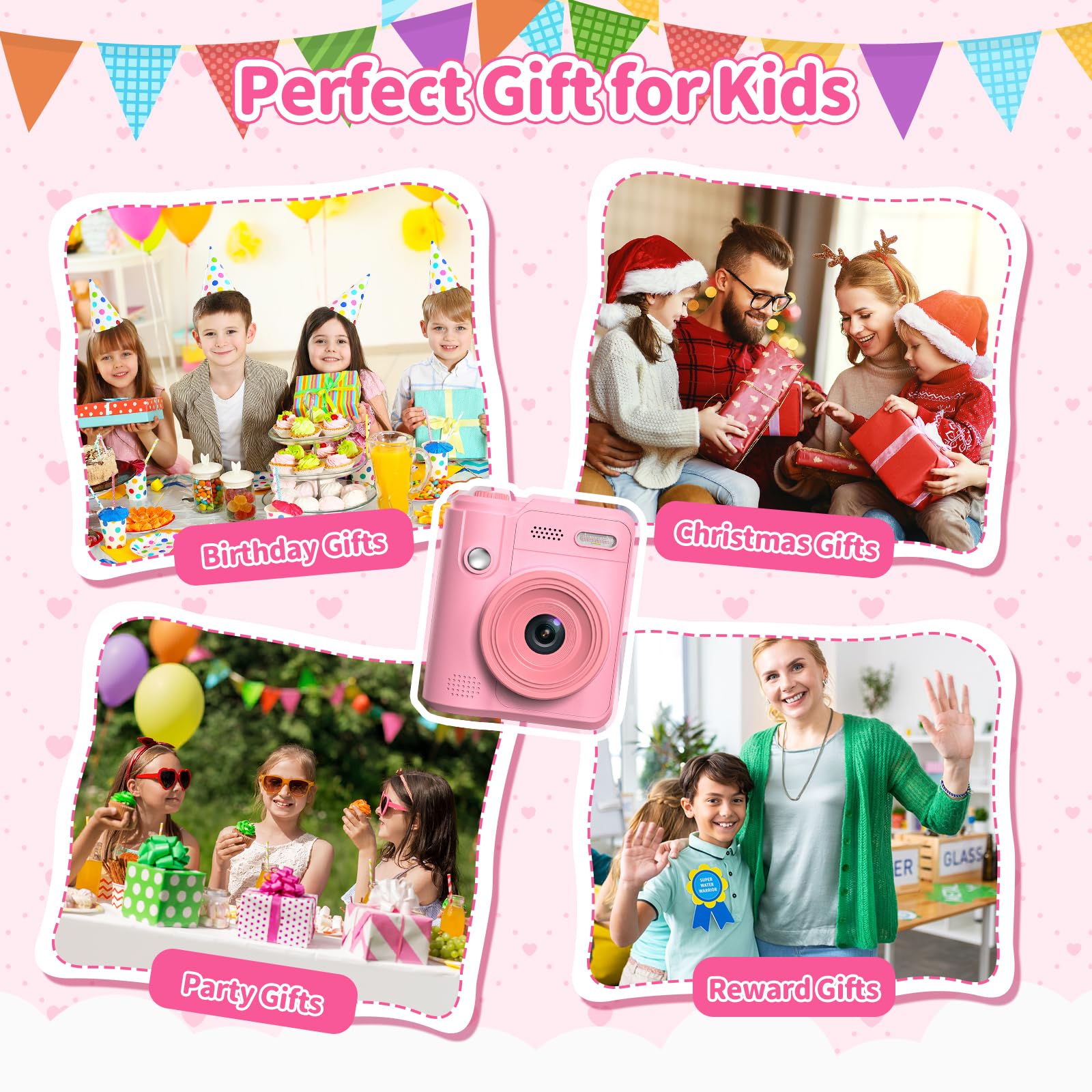 Gofunly Appareil Photo Instantané Enfants, 1080P Appareil Photo Numérique Enfant & Caméra Vidéo avec Carte de 32GB & 5 Rouleaux de Papier d'impression, Cadeaux pour Garçons & Filles de 3-12 Ans(Rose)