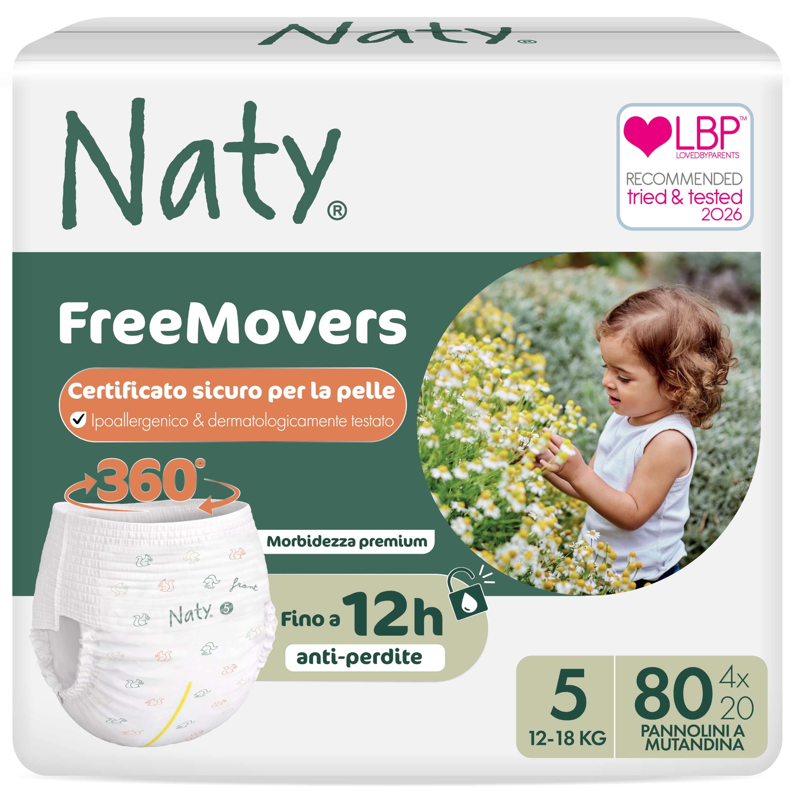 Naty FreeMovers Pannolini a Mutandina, Taglia 5 (12–18kg), 80 pezzi | Per pelli sensibili, mutandino ipoallergeniche, Assorbente, Fino a 12h di protezione dalle perdite, senza profumo, elastico