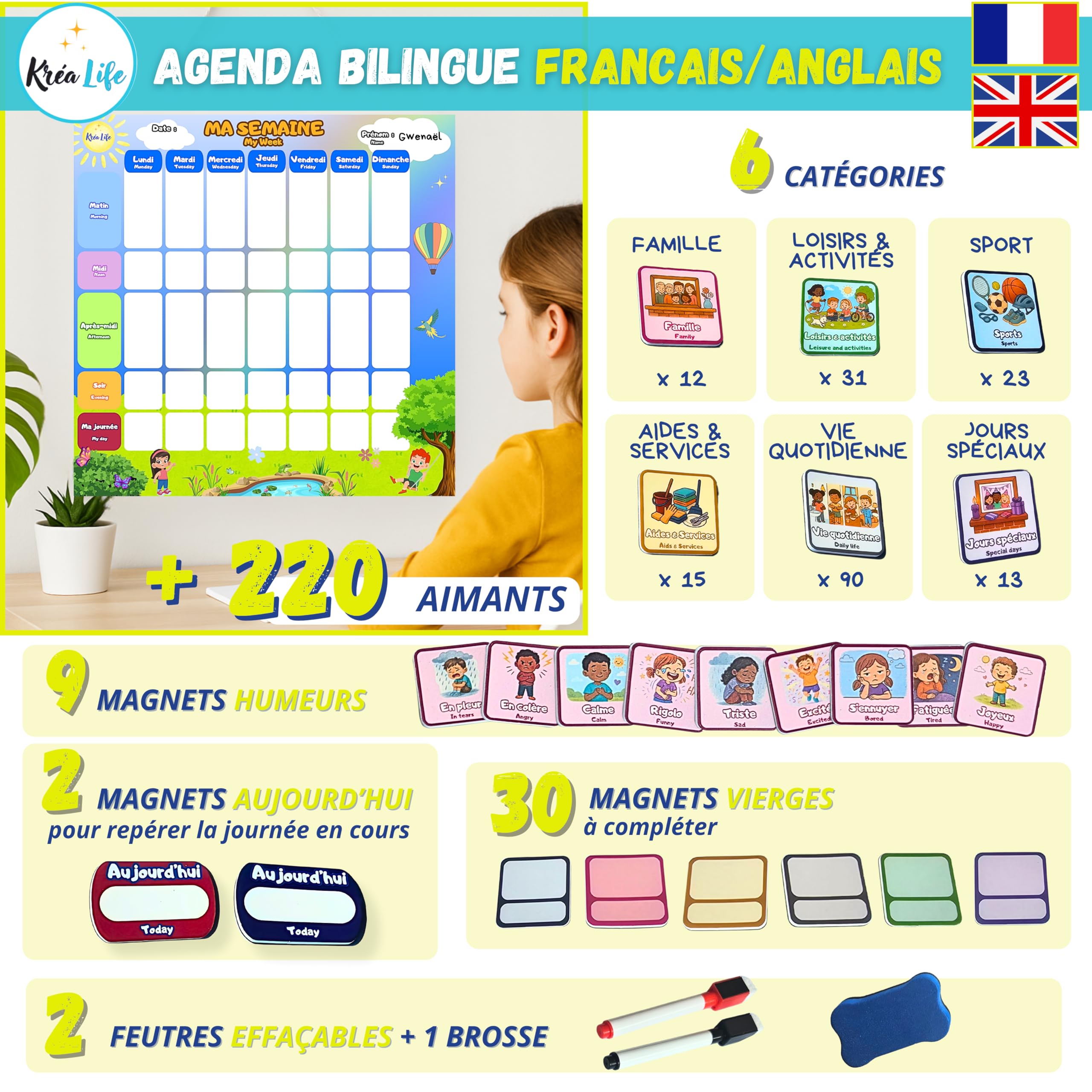 KréaLife® Planning Semaine Enfant Tableau Magnétique 40x40 cm +220 Aimants Colorés Éducatif Bilingue FR/EN