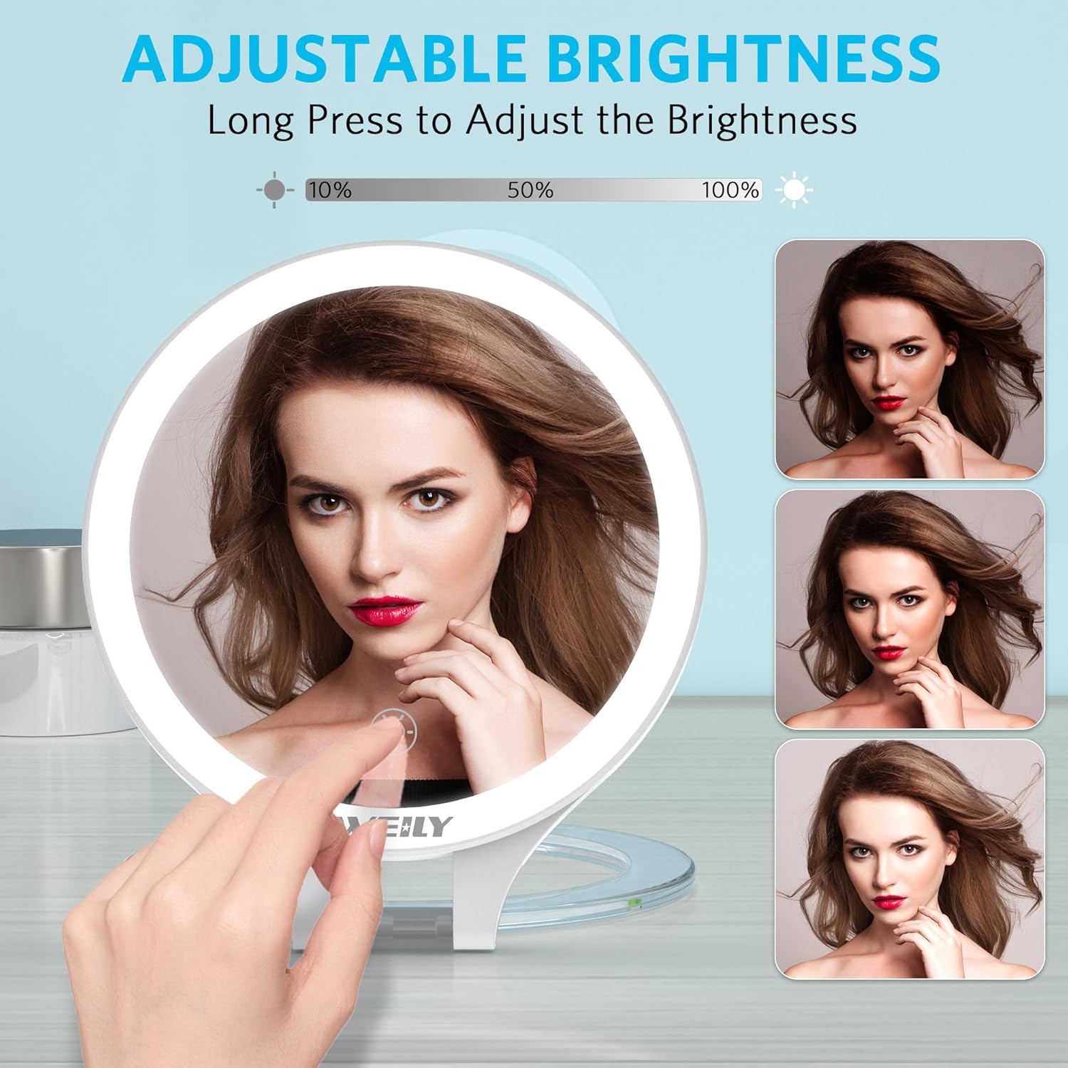 WEILY Magnifying Mirror with Light, 10X/1X Magnification Double-Sided Travel Makeup Mirror, with 3 Color Lights, Touch Control, Rechargeable Portable Mirrors for Bedroom, Bathroom (White) - Image 3